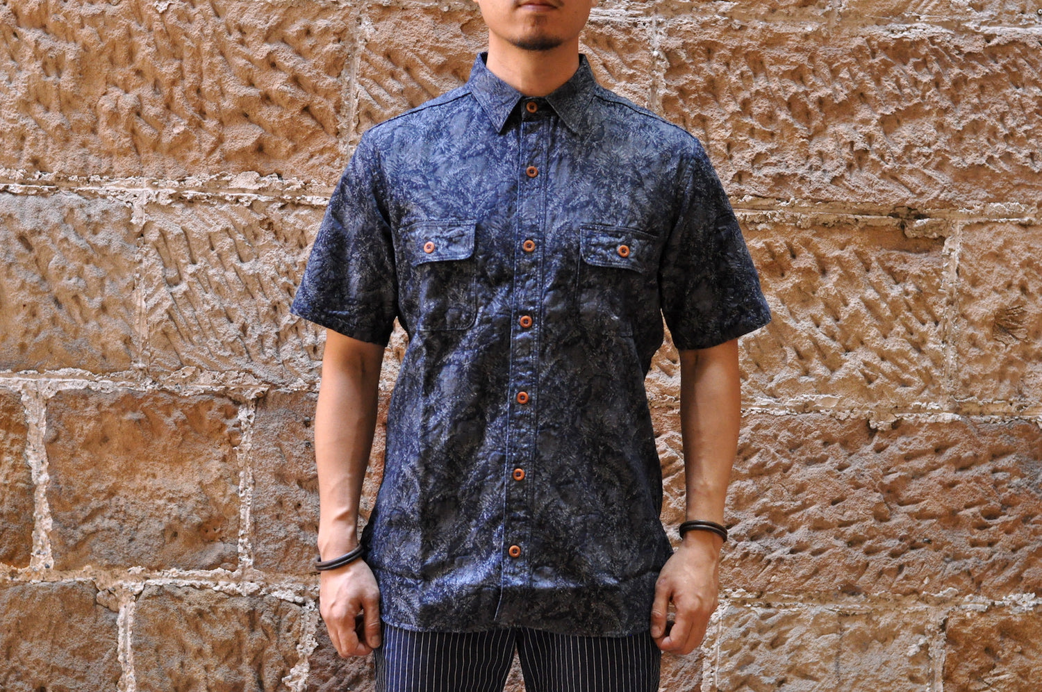 MOMOTARO INDIGO JACQUARD ‘FERNS’ S/S WORK SHIRT