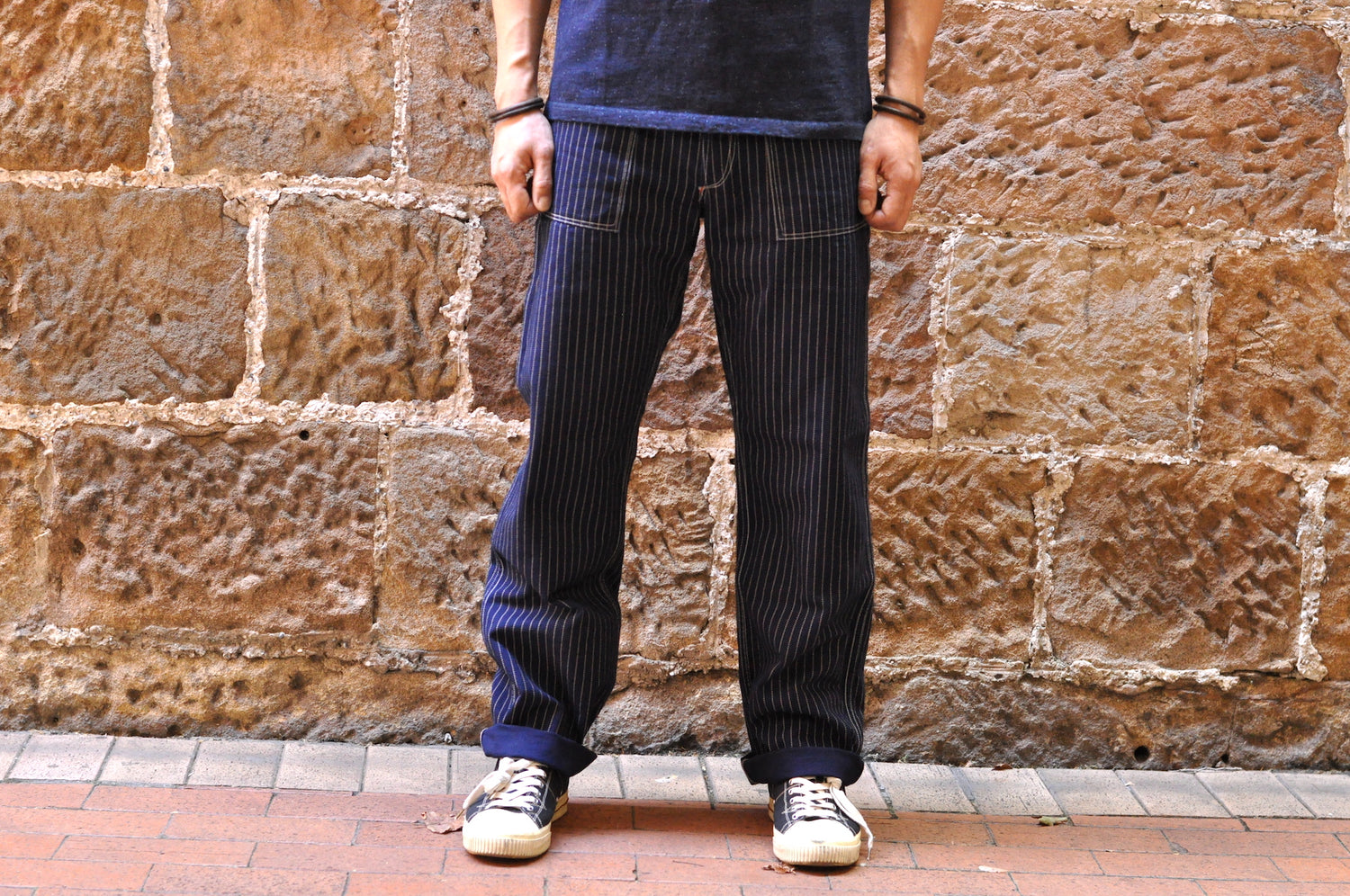 FREEWHEELERS INDIGO WABASH "LONGSHOREMAN" TROUSERS (MODERN STRAIGHT FIT)