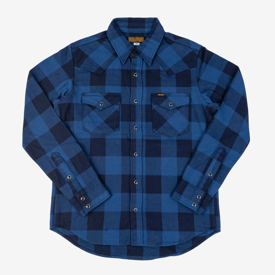 IRON HEART 14OZ INDIGO DYED ULTRA-HEAVY BUFFALO CHECK FLANNEL WESTERN SHIRT