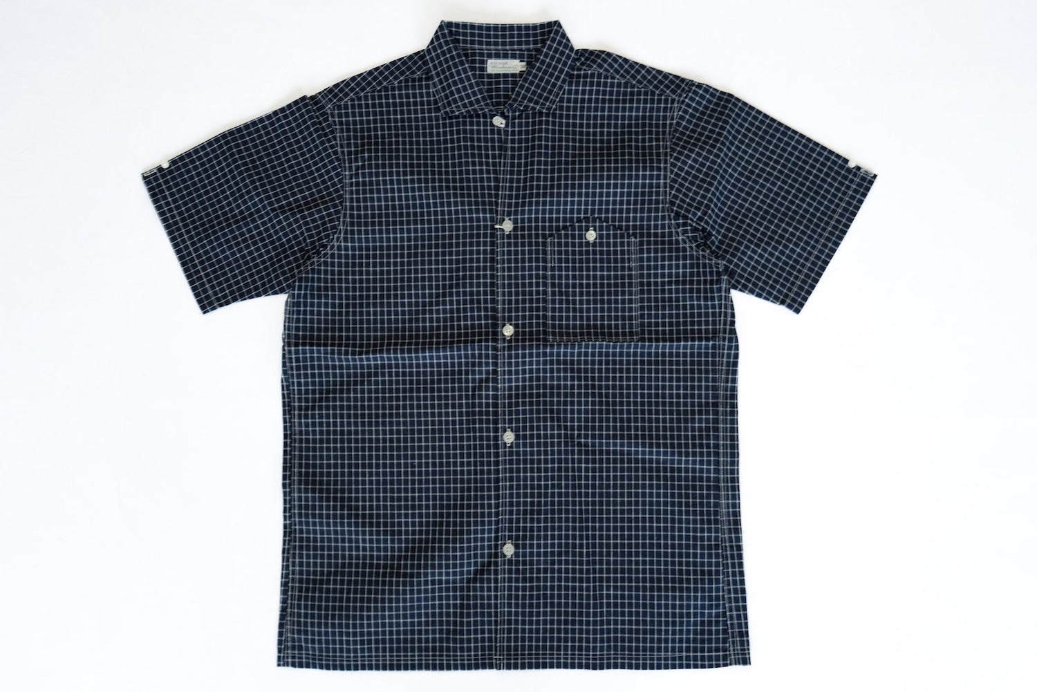 WAREHOUSE 9OZ INDIGO CHECK CHAMBRAY S/S OPEN COLLAR SHIRT