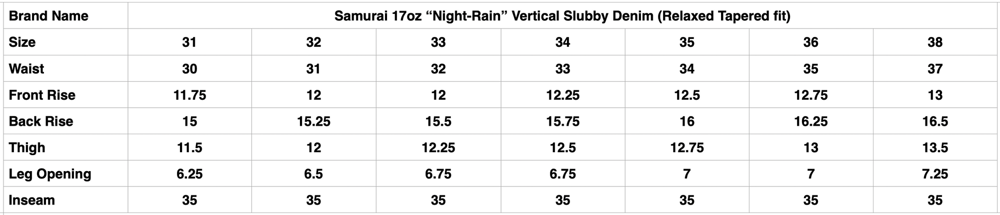 Samurai 17oz "Night-Rain" Vertical Slubby Denim (Relaxed Tapered fit)