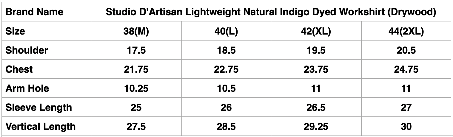 Studio D'Artisan Lightweight "Shijira Awa-Ai" Natural Indigo Dyed Workshirt (Drywood)