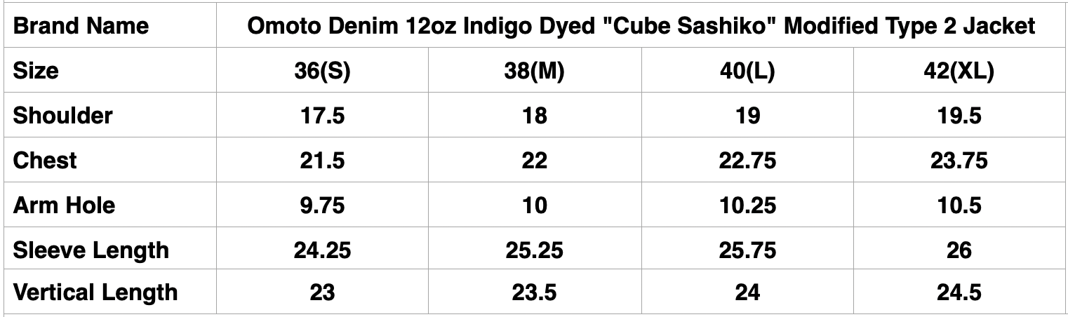 Omoto Denim 12oz Indigo Dyed "Cube Sashiko" Modified Type 2 Jacket