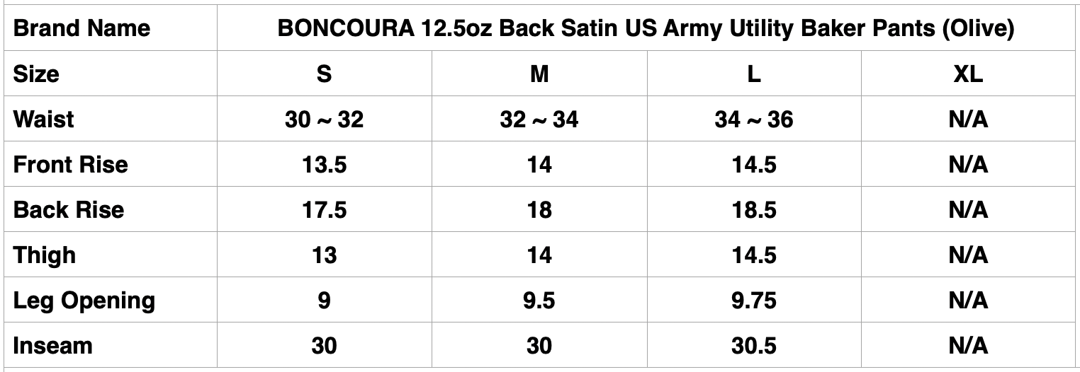 BONCOURA 12.5oz Back Satin US Army Utility Baker Pants (Olive)