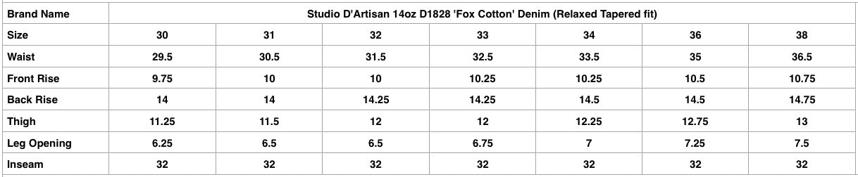 Studio D'Artisan 14oz D1828 'Fox Cotton' Denim (Relaxed Tapered Fit)