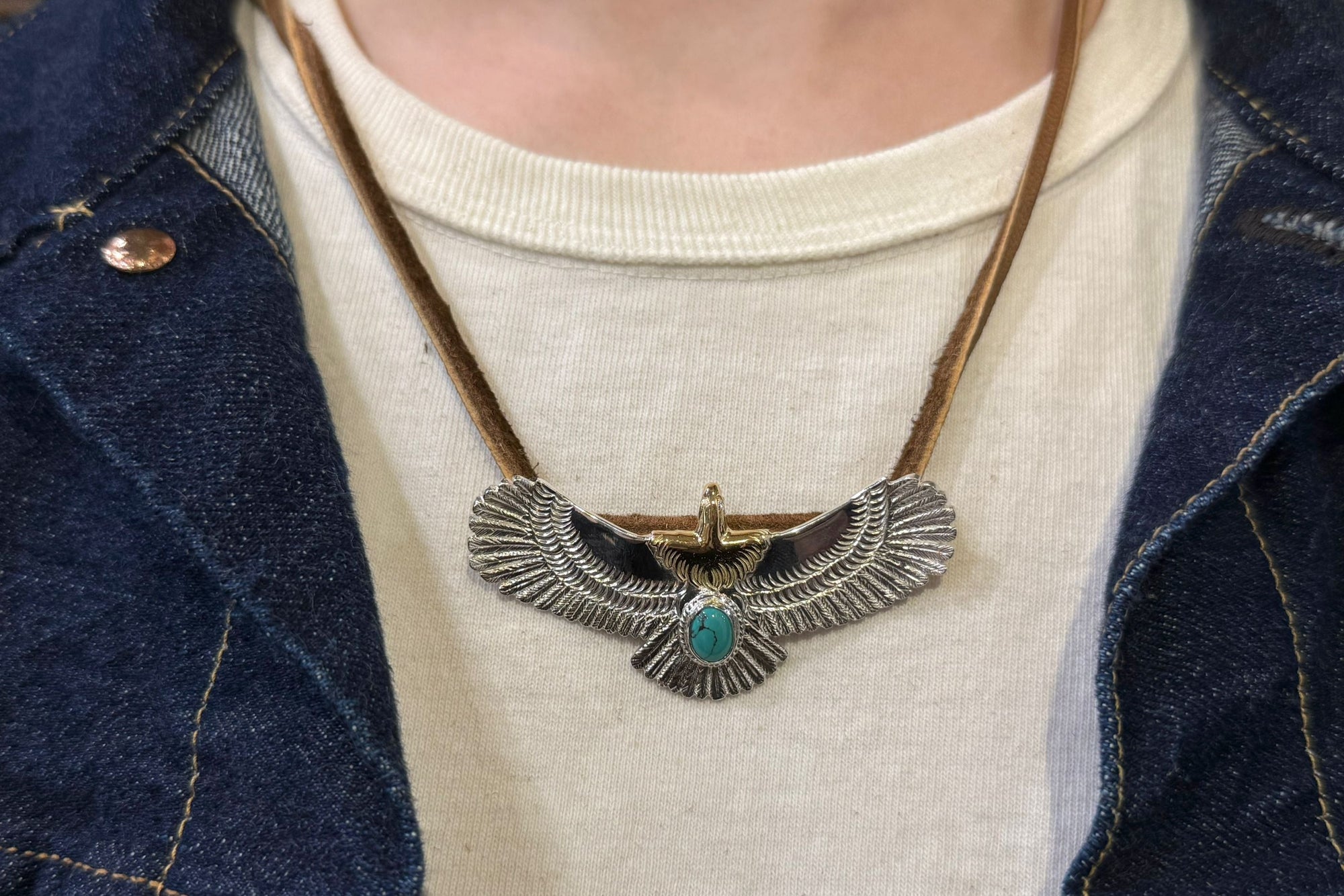 First Arrow's Medium Eagle Pendants with Natural Turquoise & 18K Gold Head & Heart (P-510)