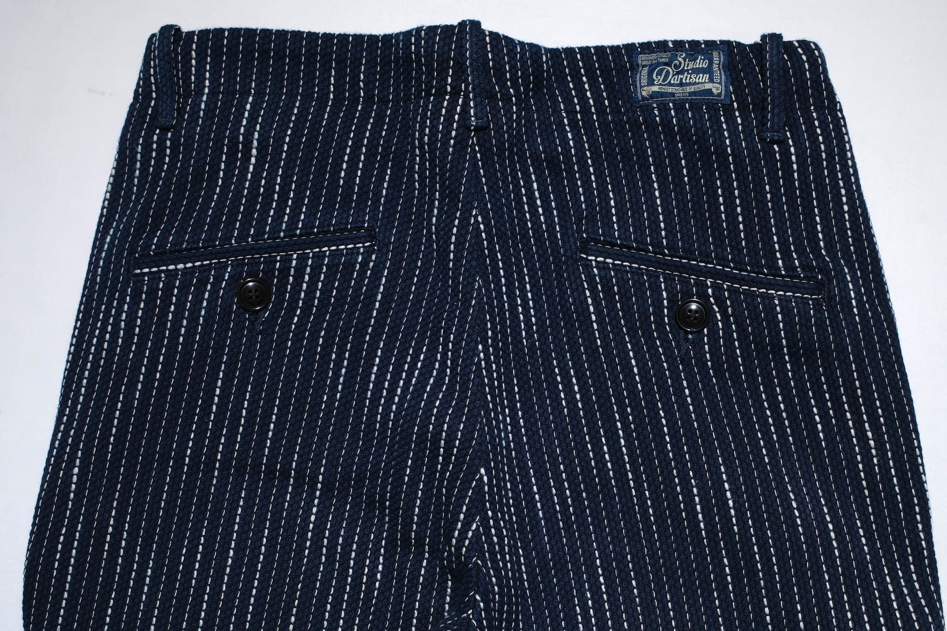 Studio D'Artisan 13oz Indigo Dyed "Rain Kasuri Sashiko" Trousers (Relaxed Tapered fit)