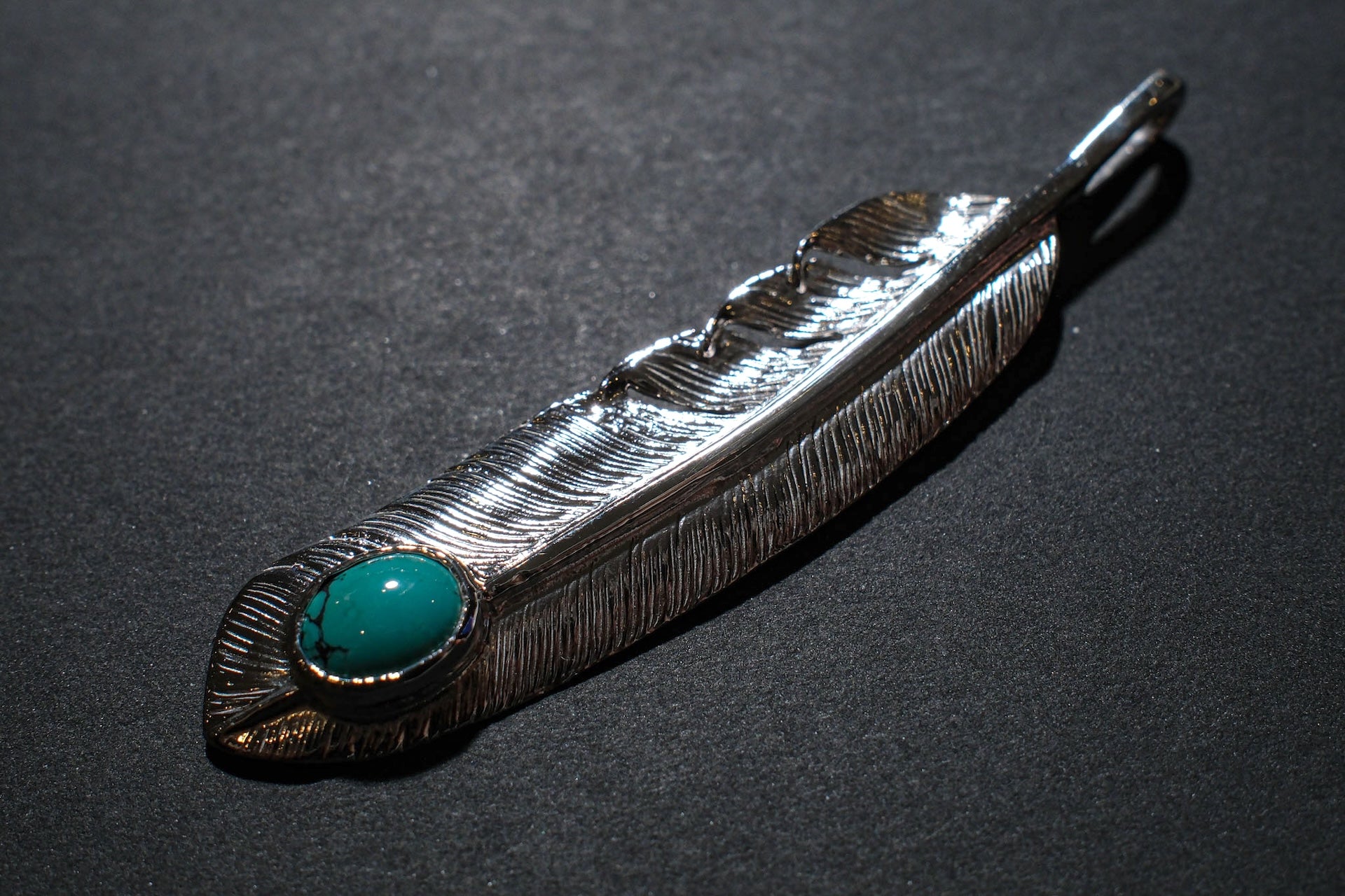 First Arrow's Large Silver Feather With Turquoise Pendant (P-003)