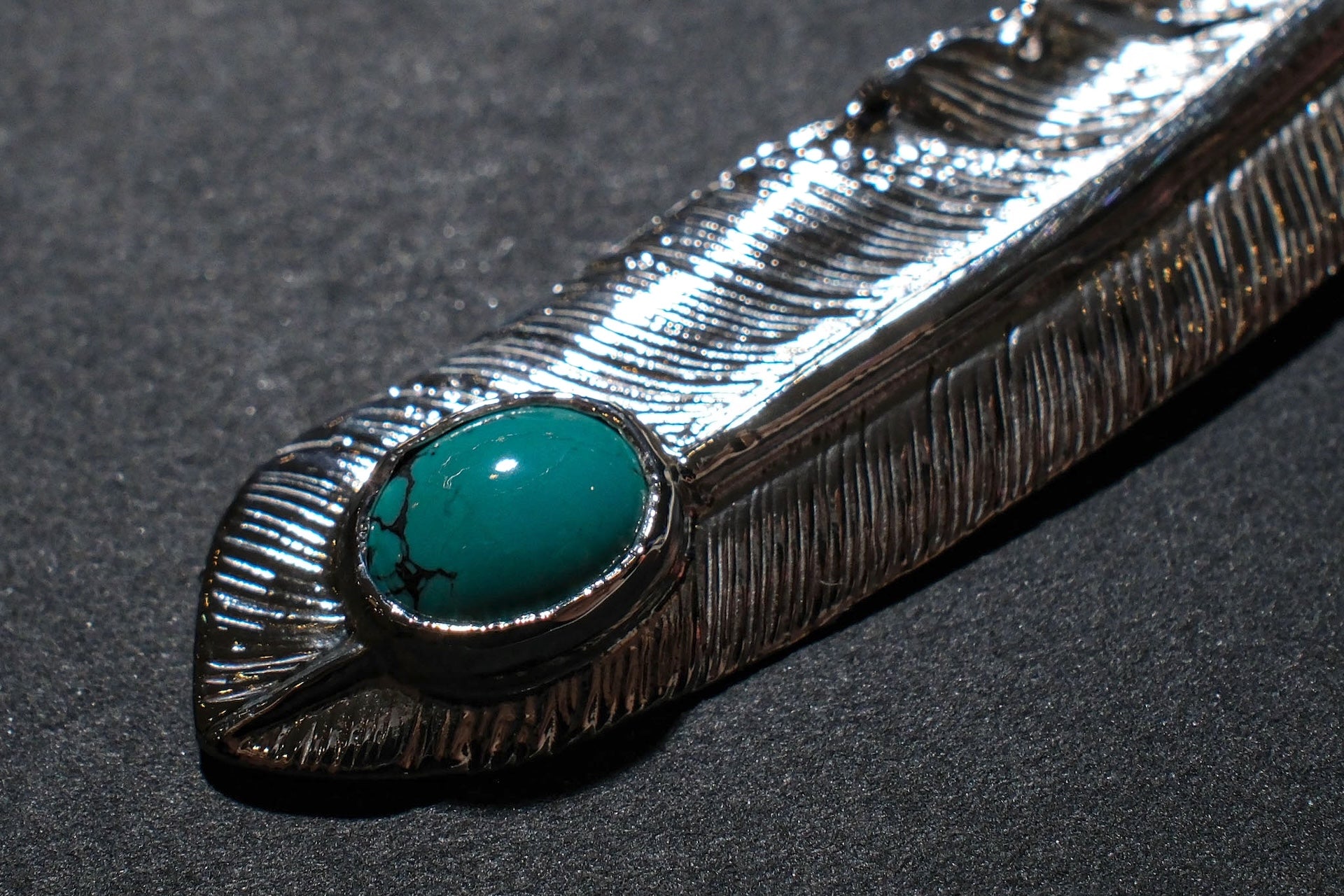 First Arrow's Large Silver Feather With Turquoise Pendant (P-003)