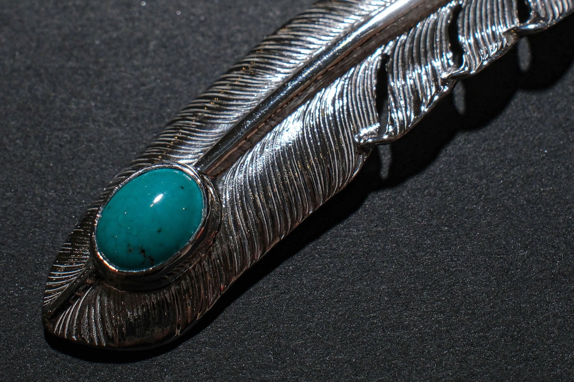 First Arrow's Large Silver Feather With Turquoise Pendant (P-003)