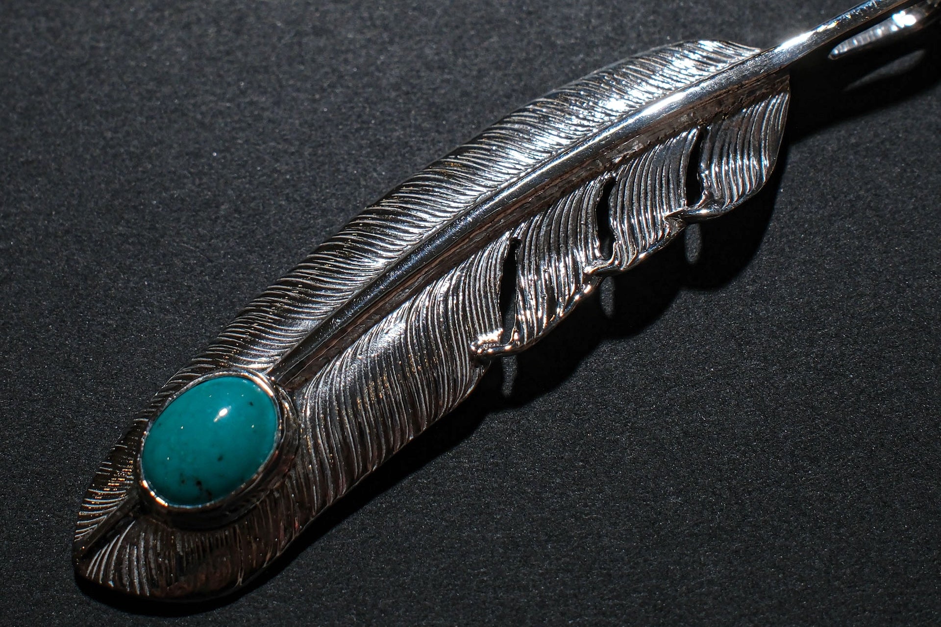 First Arrow's Large Silver Feather With Turquoise Pendant (P-003)