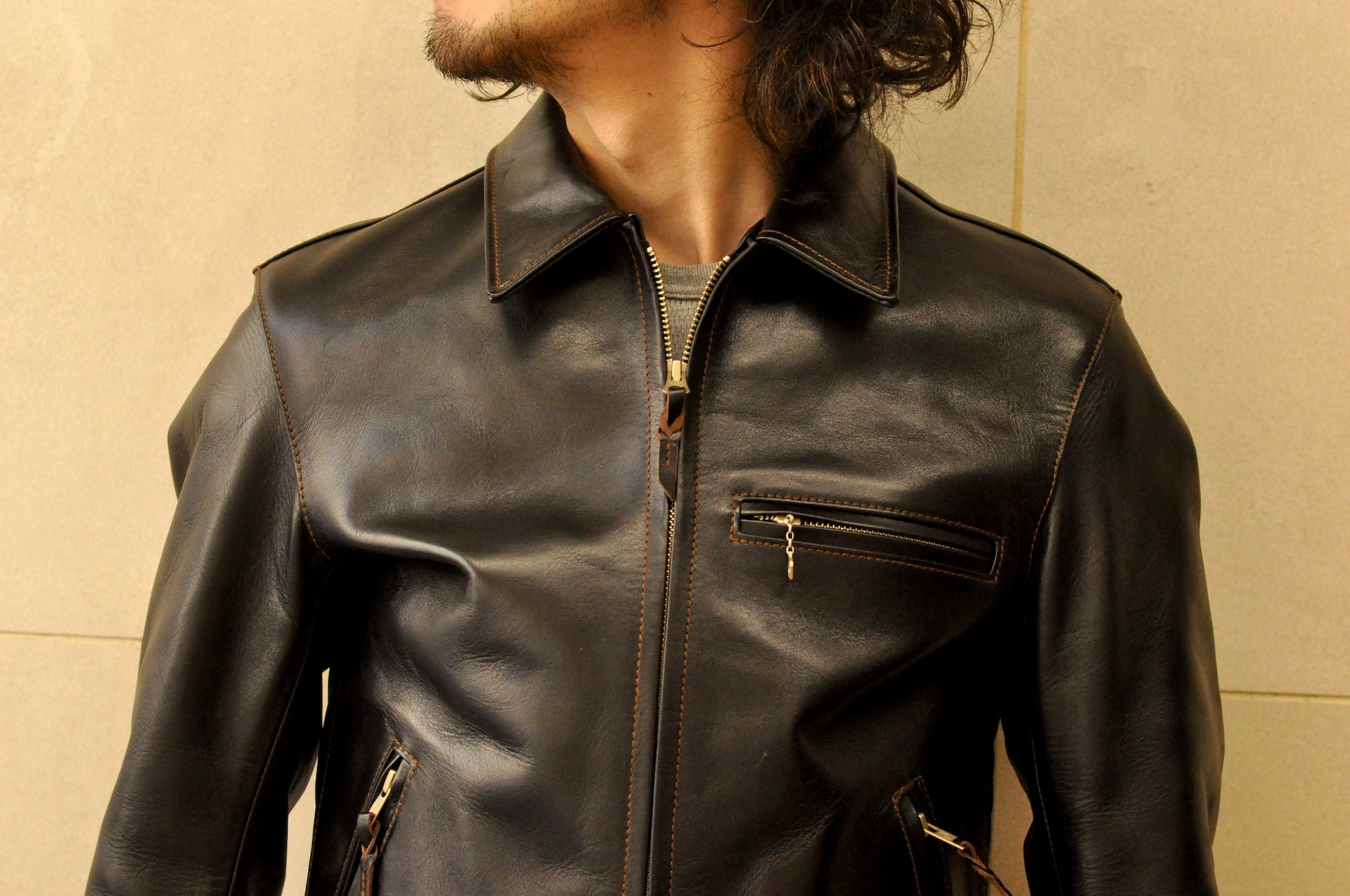 The Flat Head Horsehide Quilted Single Riders Jacket  (Black Tea-cored)