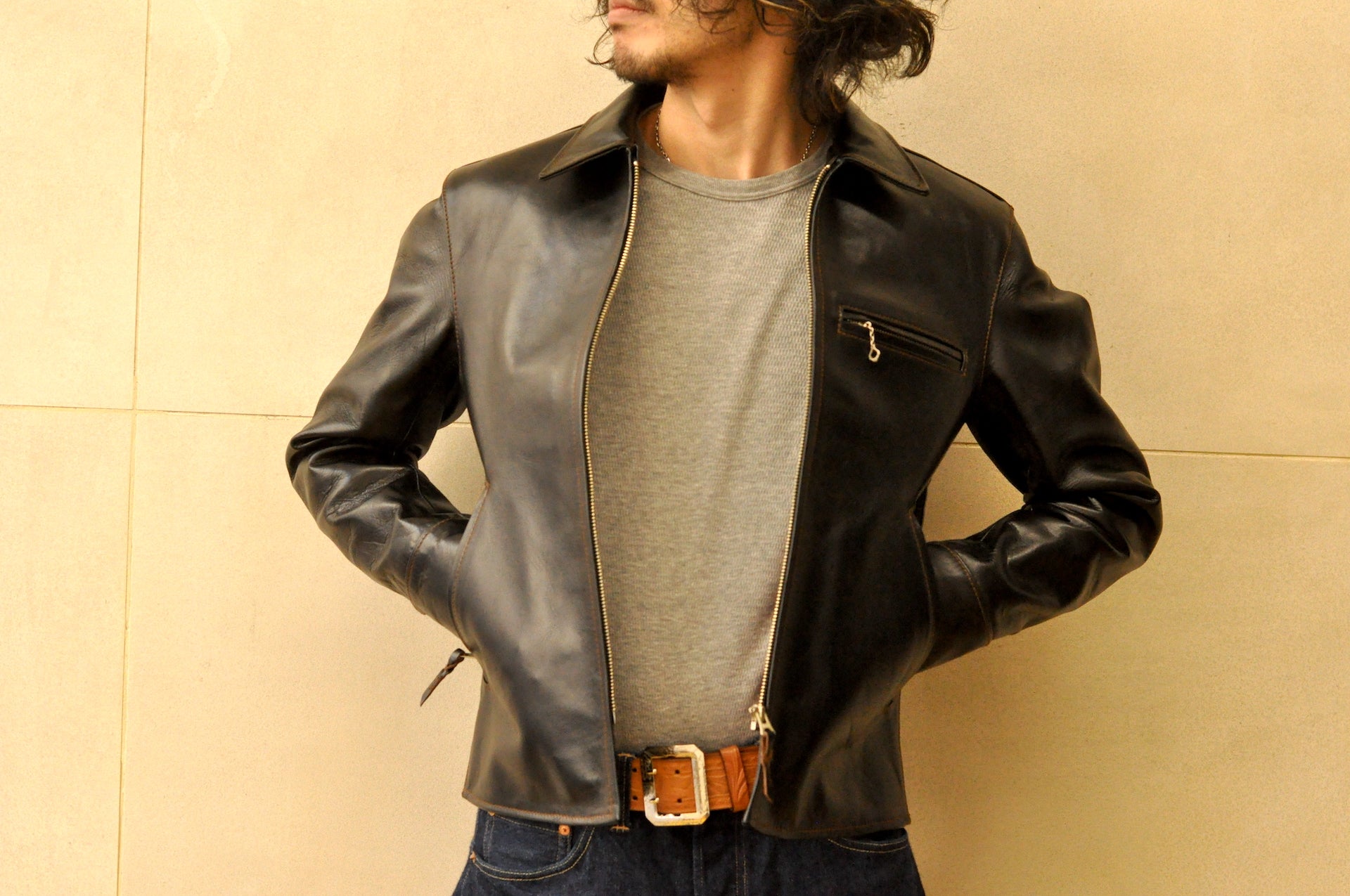 The Flat Head Horsehide Quilted Single Riders Jacket  (Black Tea-cored)