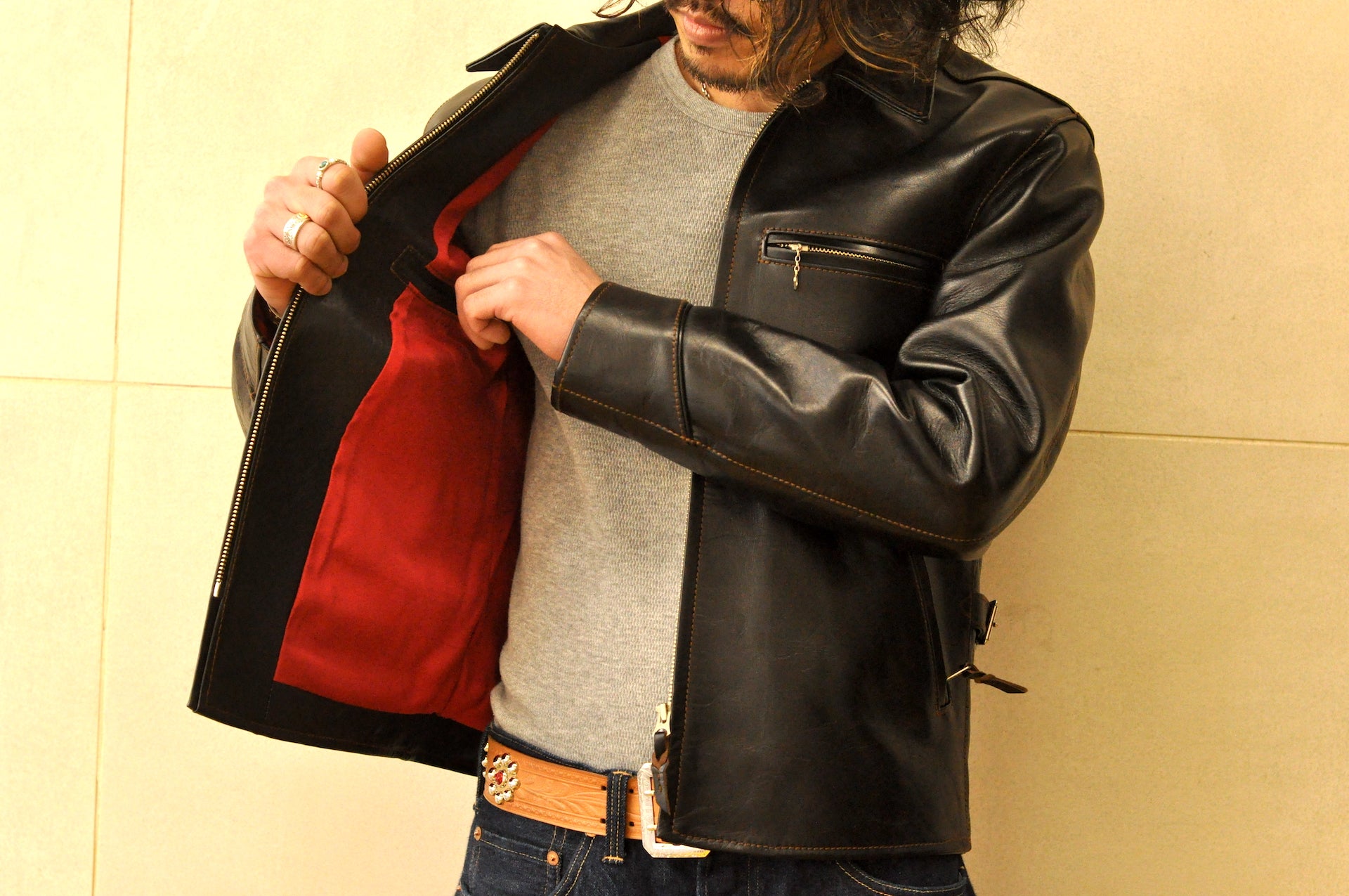 The Flat Head Horsehide Quilted Single Riders Jacket  (Black Tea-cored)