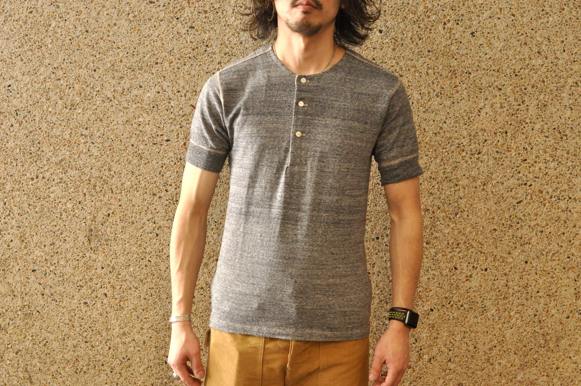Stevenson Overall Co. 7oz Super Slow Loopwheeled SideFlex Henley Tee (Heather Grey)