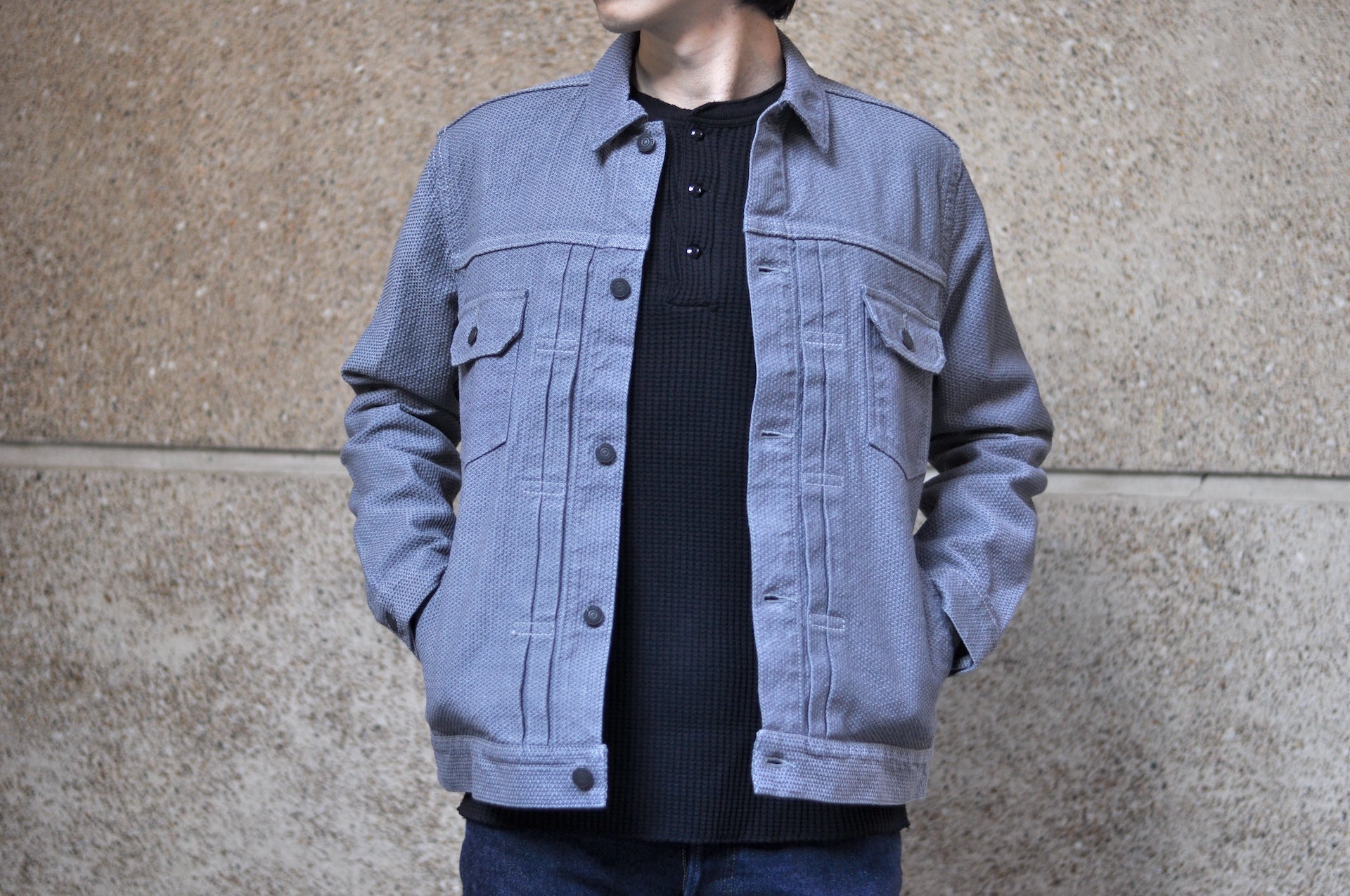 Pure Blue Japan 12.5oz "Double-Warps" Sashiko Type 2 Jacket (Heather Grey X Black)