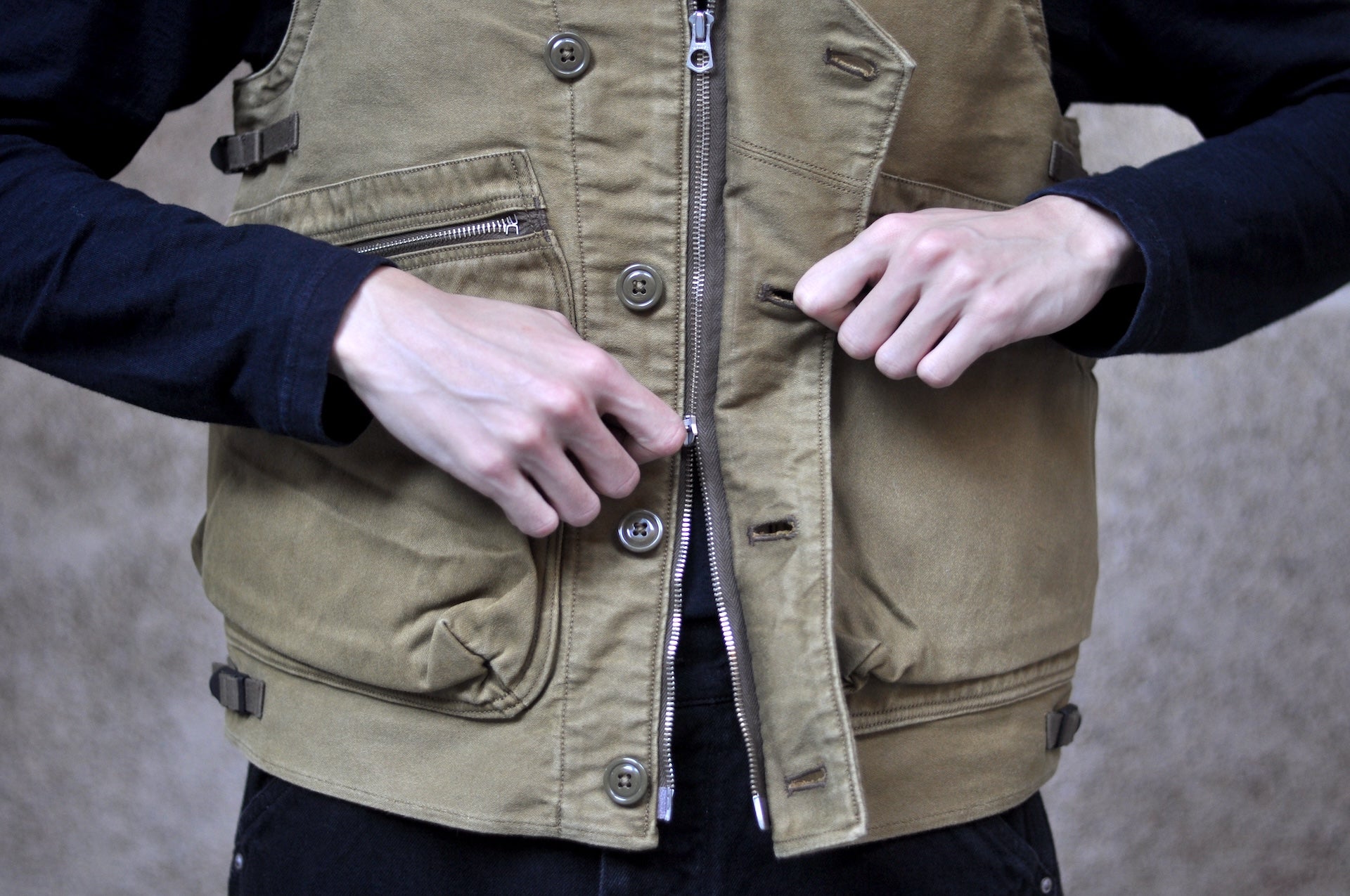 Freewheelers “Speed Engineer” Sleeveless Coat (Khaki)