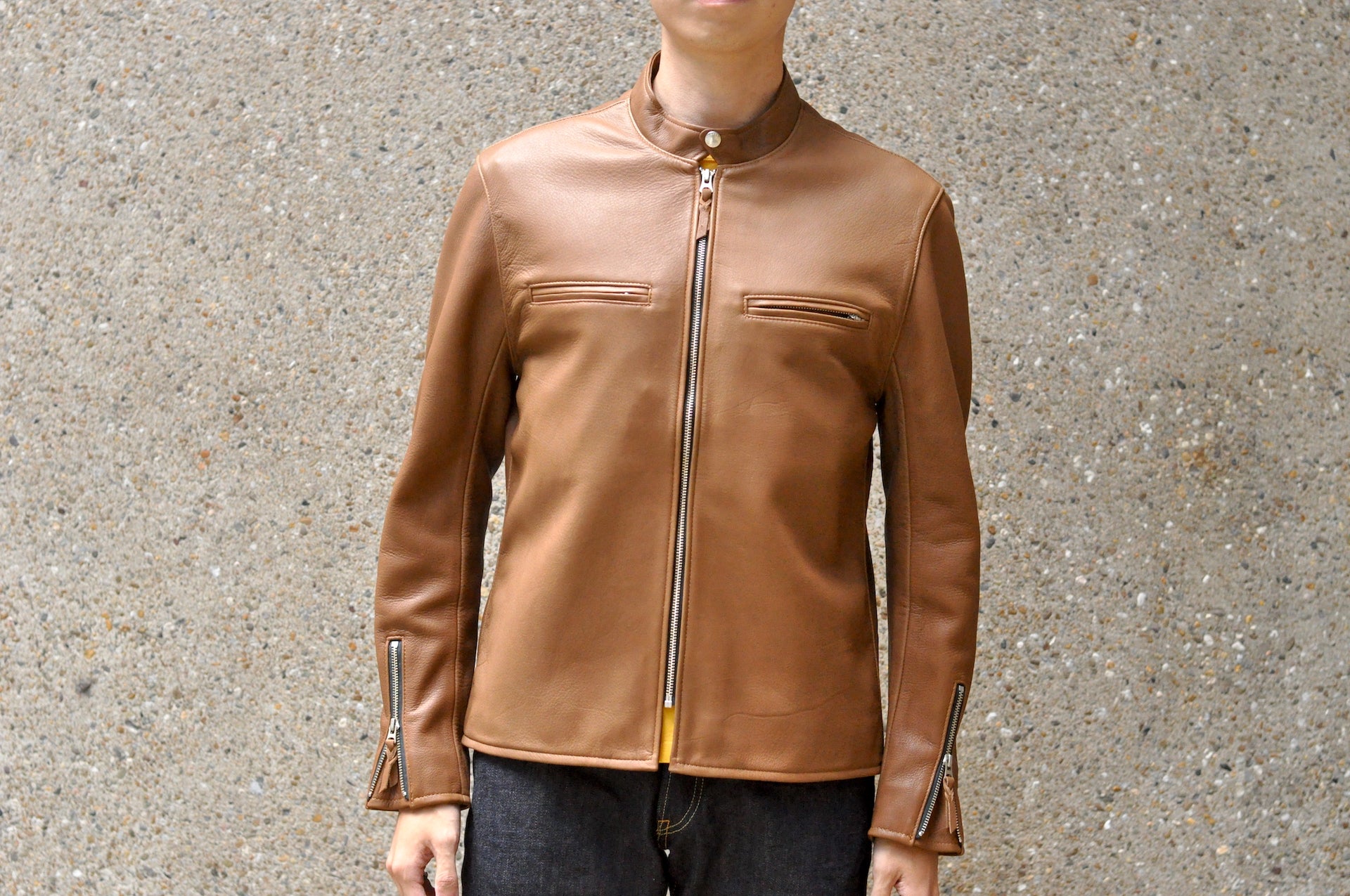 The Flat Head X CORLECTION Deerskin Stand Collar Single Riders Jacket (Brown)