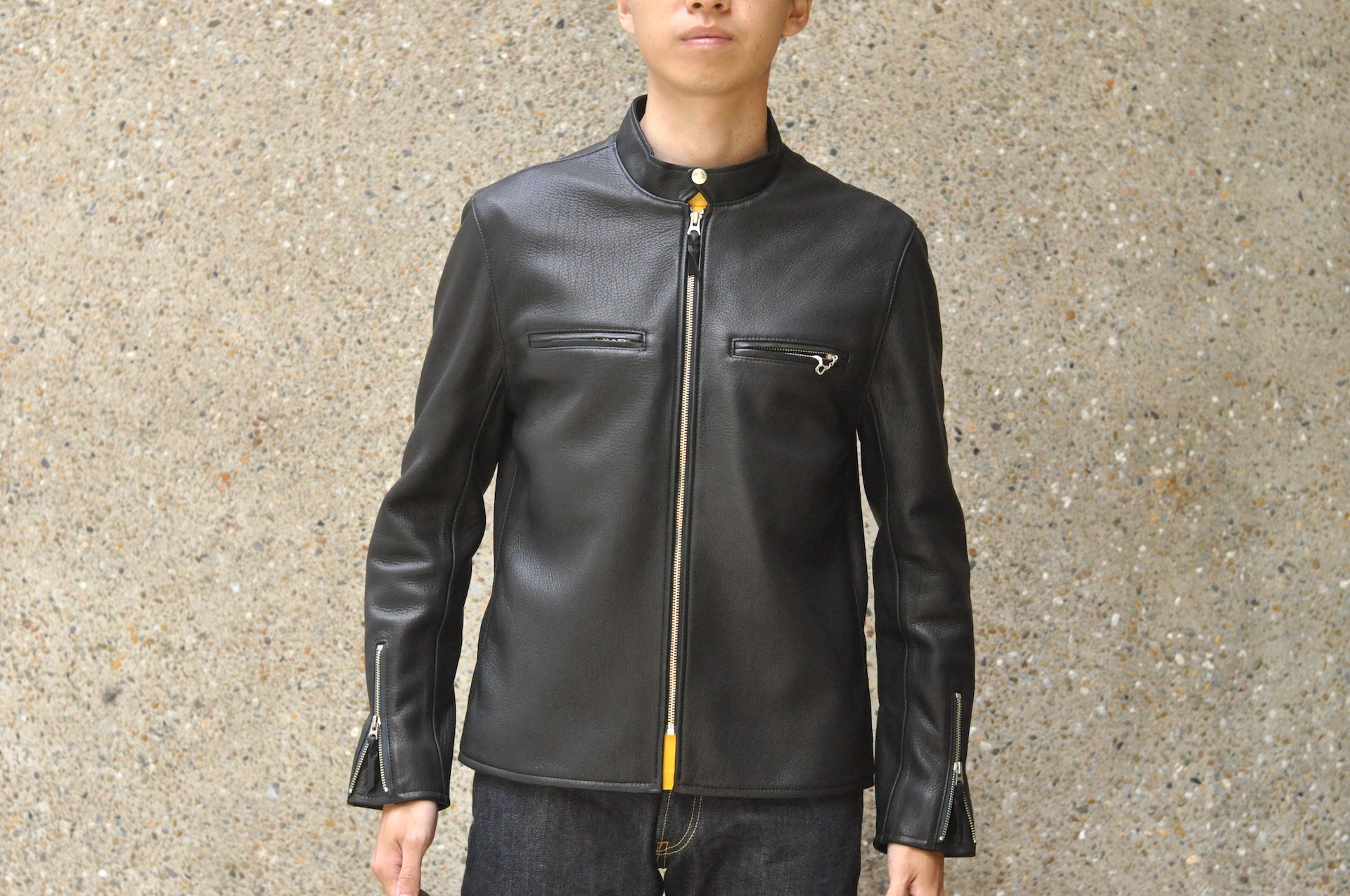 The Flat Head X CORLECTION Deerskin Stand Collar Single Riders Jacket (Black)