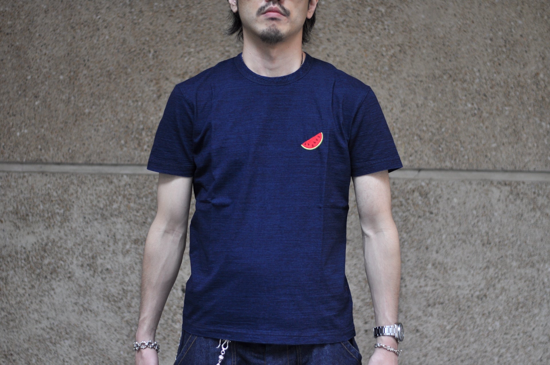 Pure Blue Japan 6.5oz Embroidered Grand Indigo Dyed Tee (Watermelon)