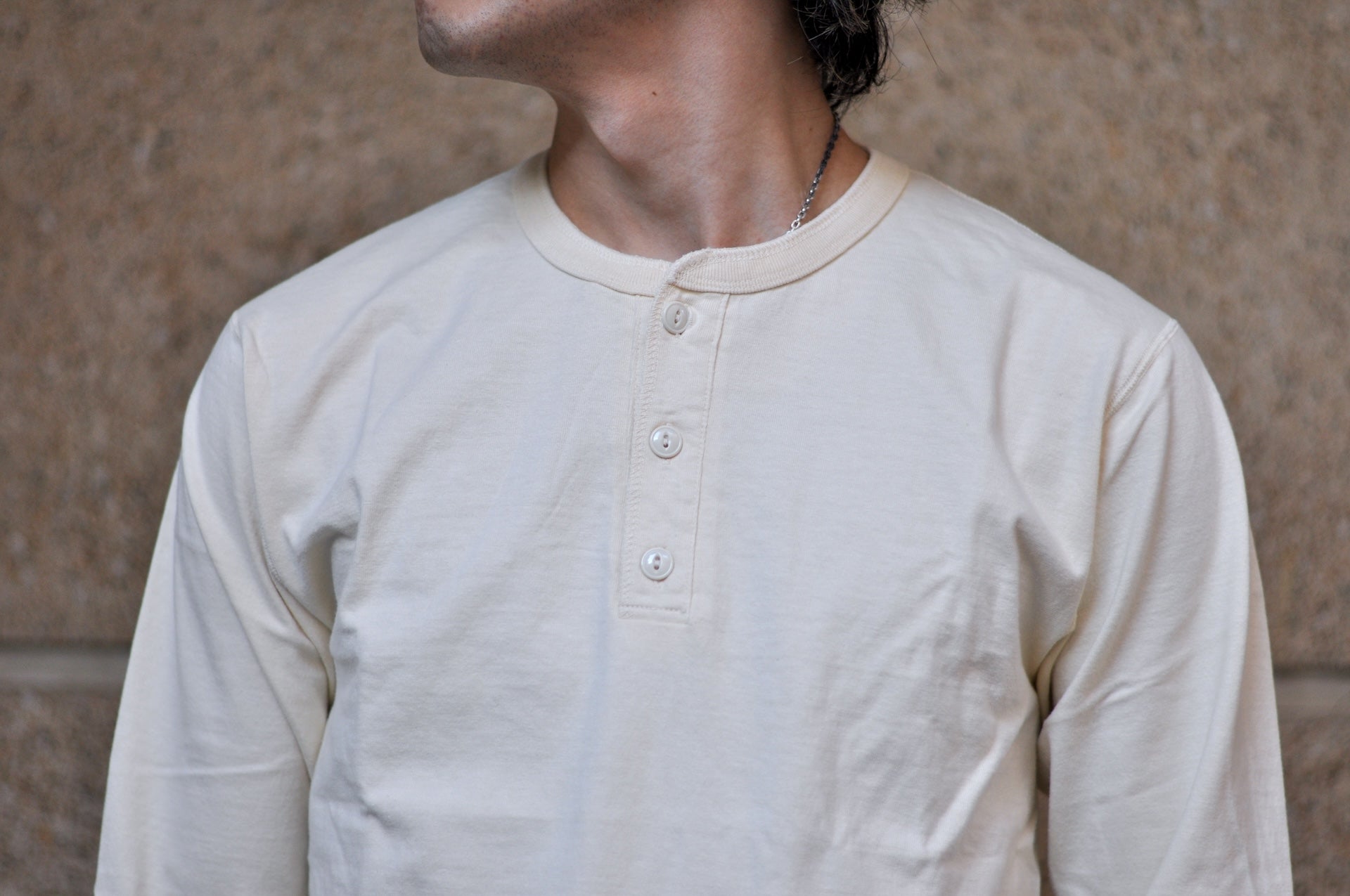 The Flat Head 9oz Loopwheeled L/S Henley Tee (Cream)