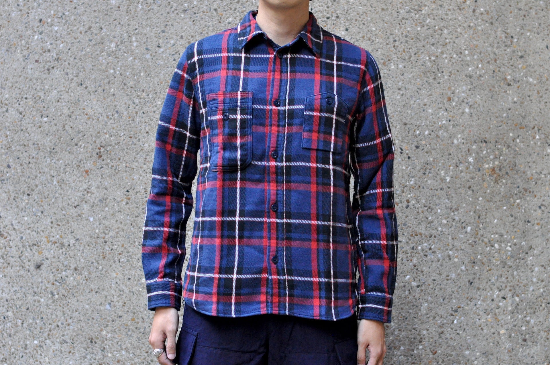 Pure Blue Japan 11oz Raised Flannel Early Workshirt (Navy X Red)