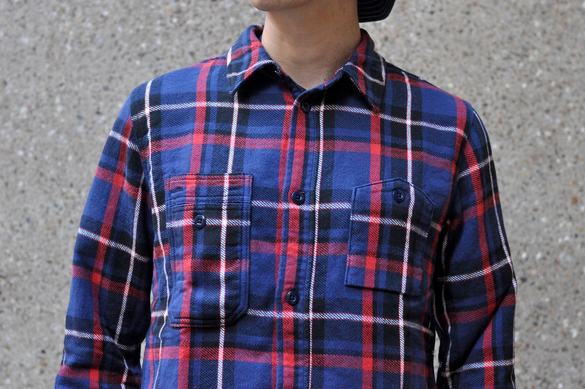 Pure Blue Japan 11oz Raised Flannel Early Workshirt (Navy X Red)