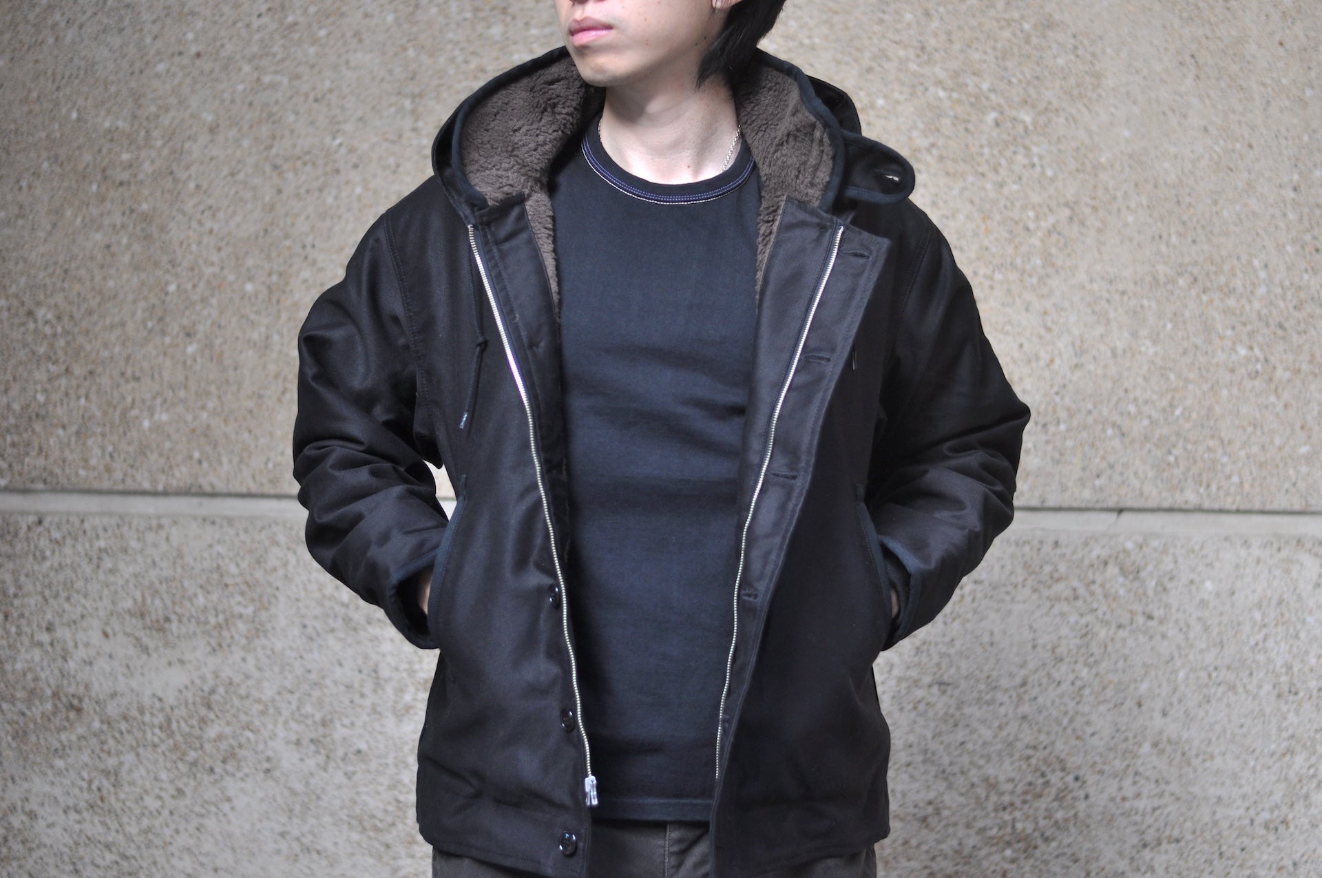 Stevenson Overall Co. Heavyweight Jungle Cloth "Navigateur" Hooded Deck Jacket (Solid Black)