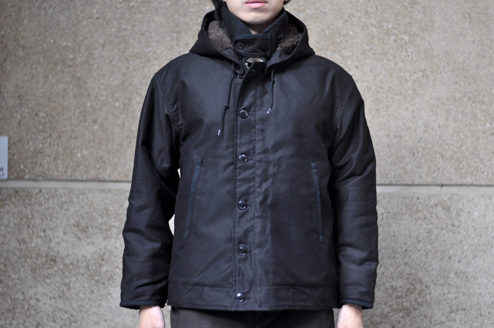 Stevenson Overall Co. Heavyweight Jungle Cloth "Navigateur" Hooded Deck Jacket (Solid Black)