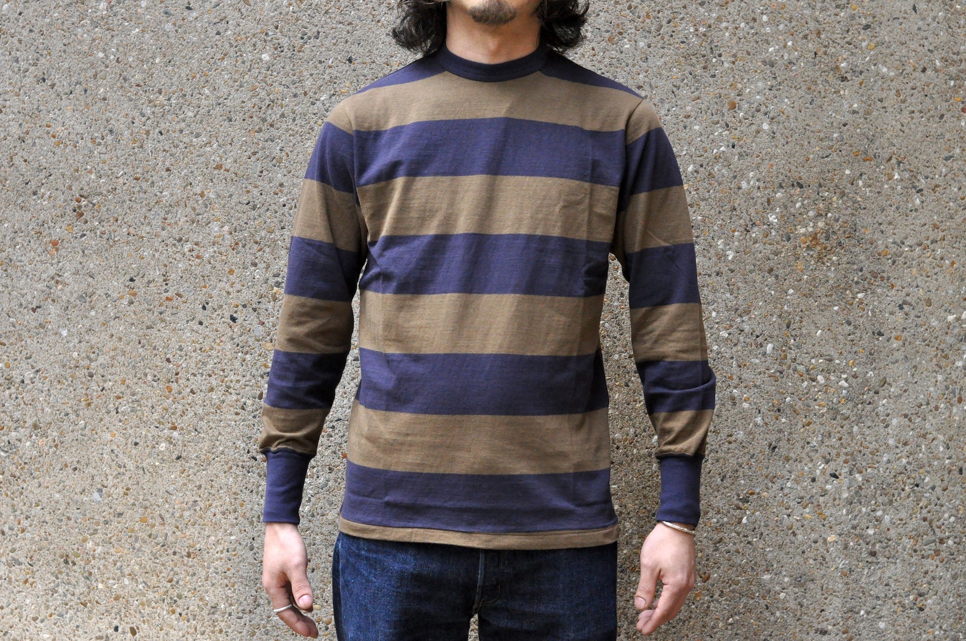 Freewheelers 6.5oz "Horizontal Striped" L/S Border Tee (Old Navy X Gray Khaki)