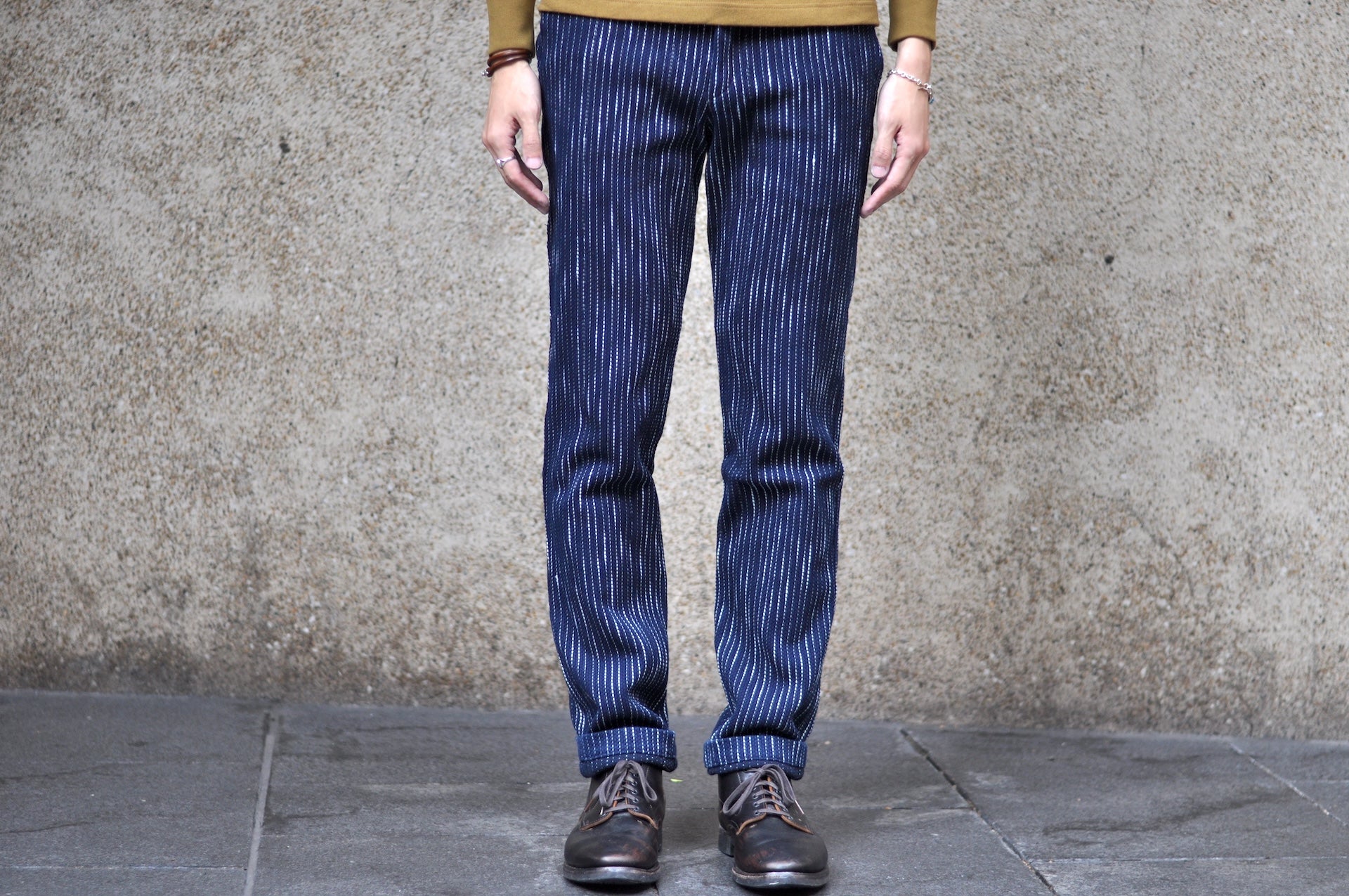 Studio D'Artisan 13oz Indigo Dyed "Rain Kasuri Sashiko" Trousers (Relaxed Tapered fit)