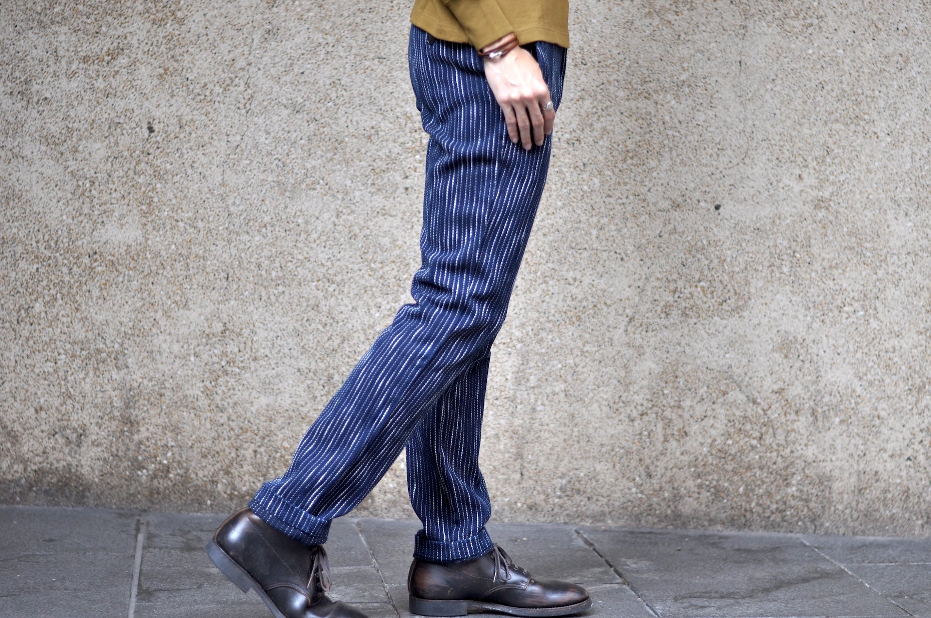 Studio D'Artisan 13oz Indigo Dyed "Rain Kasuri Sashiko" Trousers (Relaxed Tapered fit)