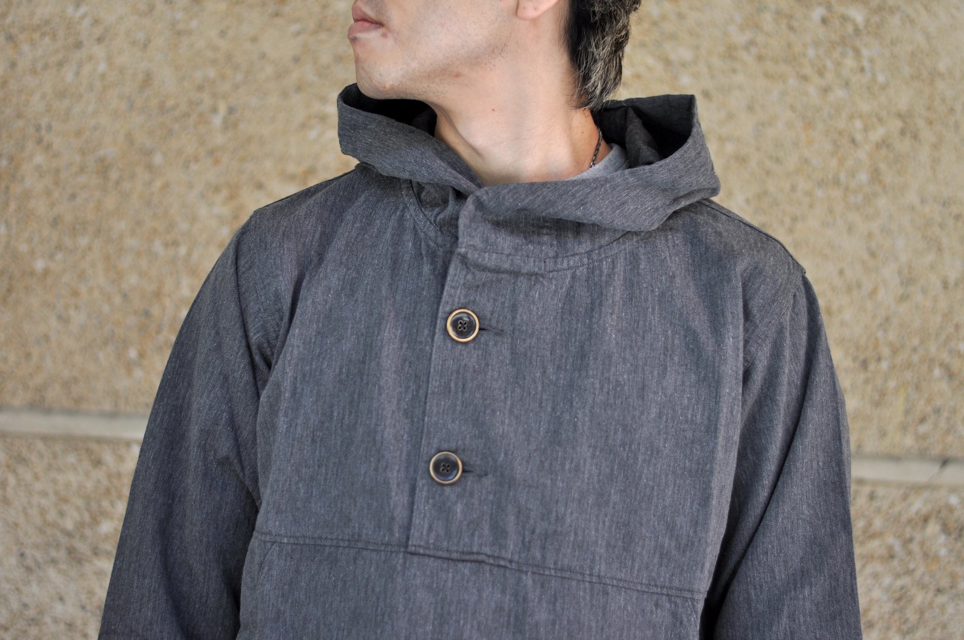 Pure Blue Japan "All-Seasons" HBT Hooded Pullover (Heather Grey X Black)
