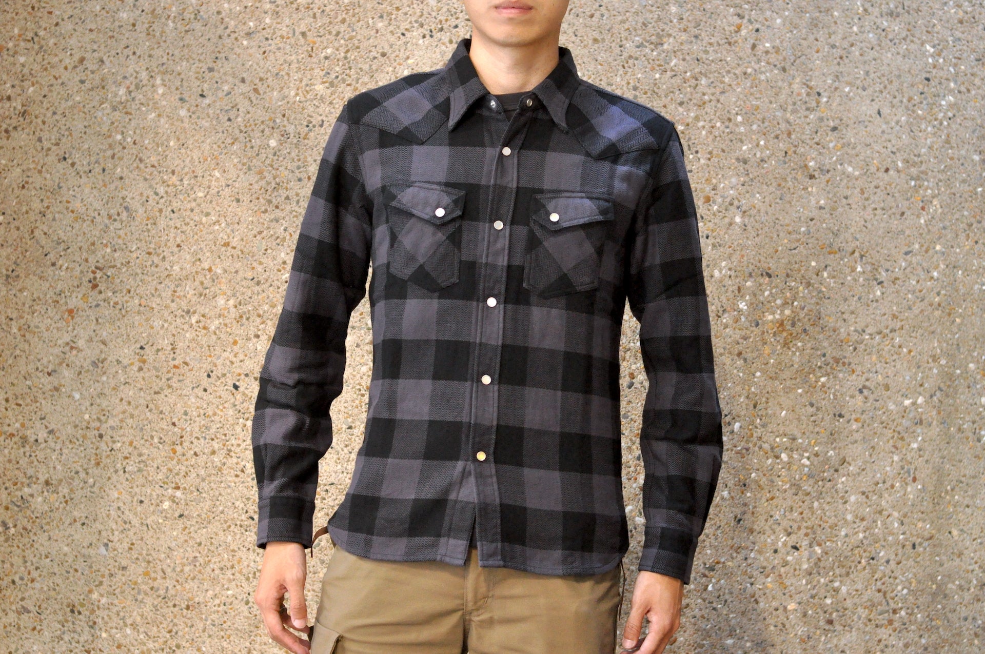 The Flat Head 12oz Selvage Flannel Western Shirt (Black X Grey)