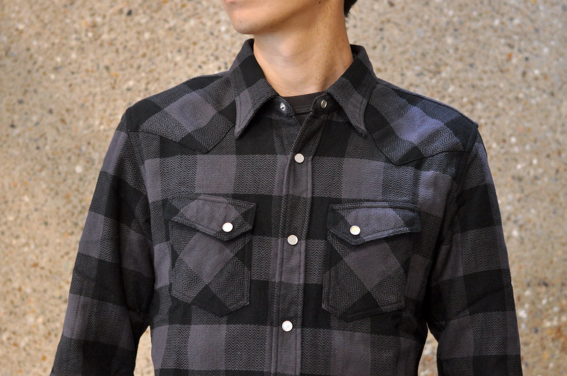 The Flat Head 12oz Selvage Flannel Western Shirt (Black X Grey)