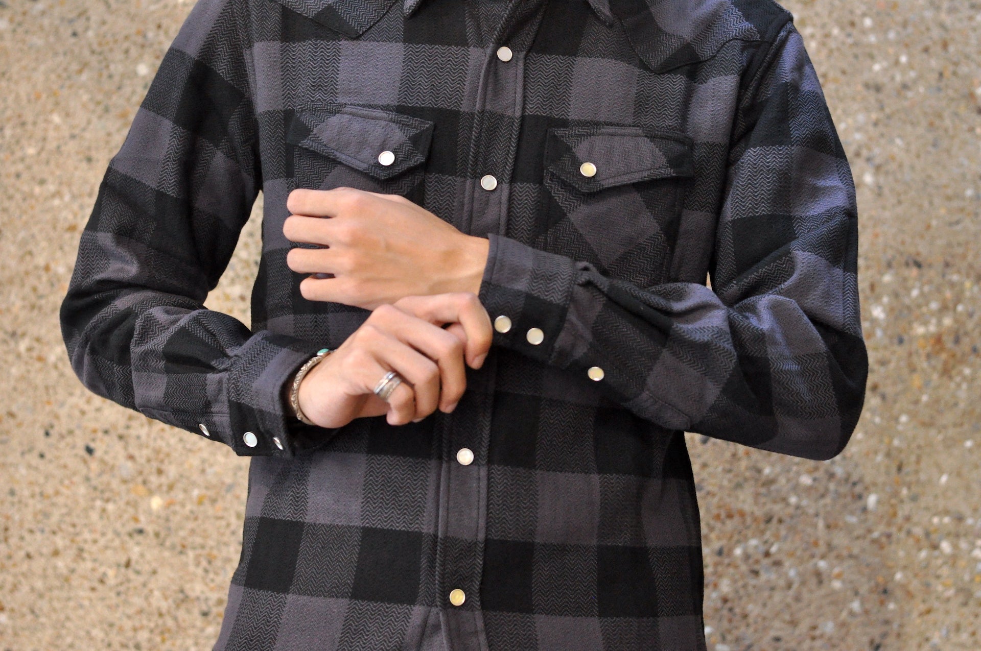 The Flat Head 12oz Selvage Flannel Western Shirt (Black X Grey)