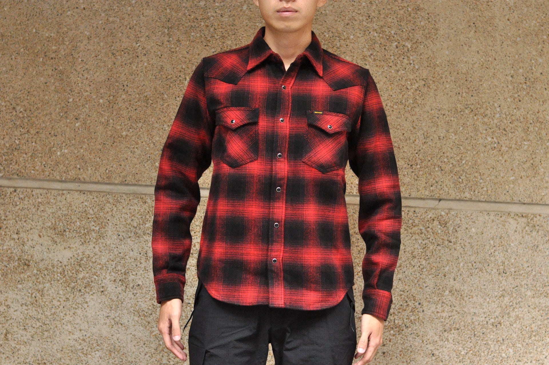 Iron Heart Ultra-Heavy Flannel Ombre Check Western Shirt (Red x Black)