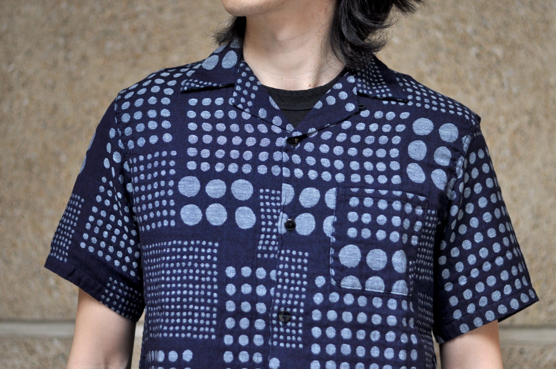 Pure Blue Japan Indigo Dyed “Dimensional Dots” S/S Open Collar Shirt