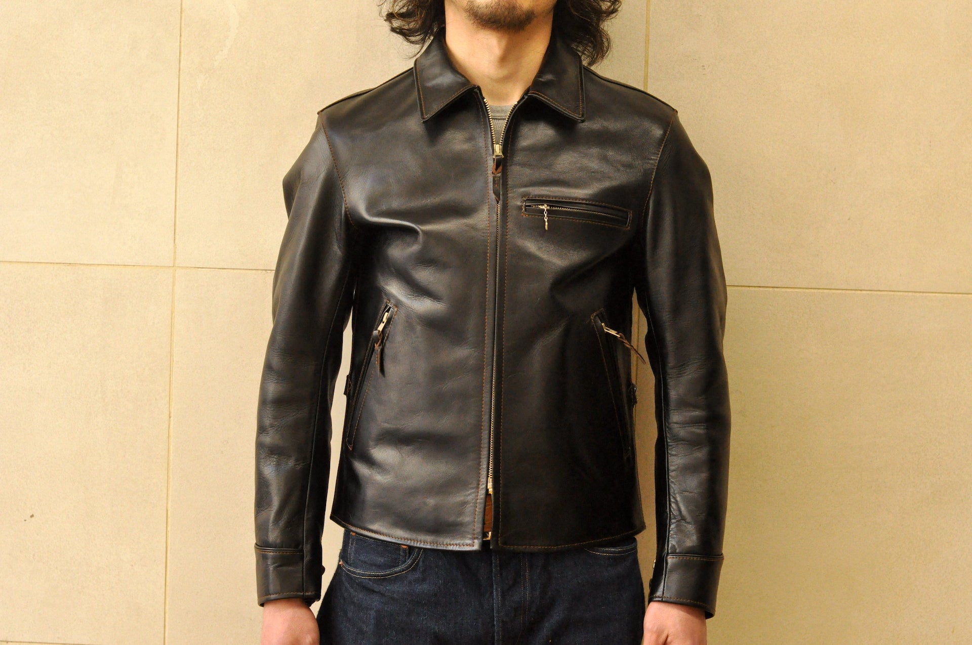 The Flat Head Horsehide Quilted Single Riders Jacket  (Black Tea-cored)