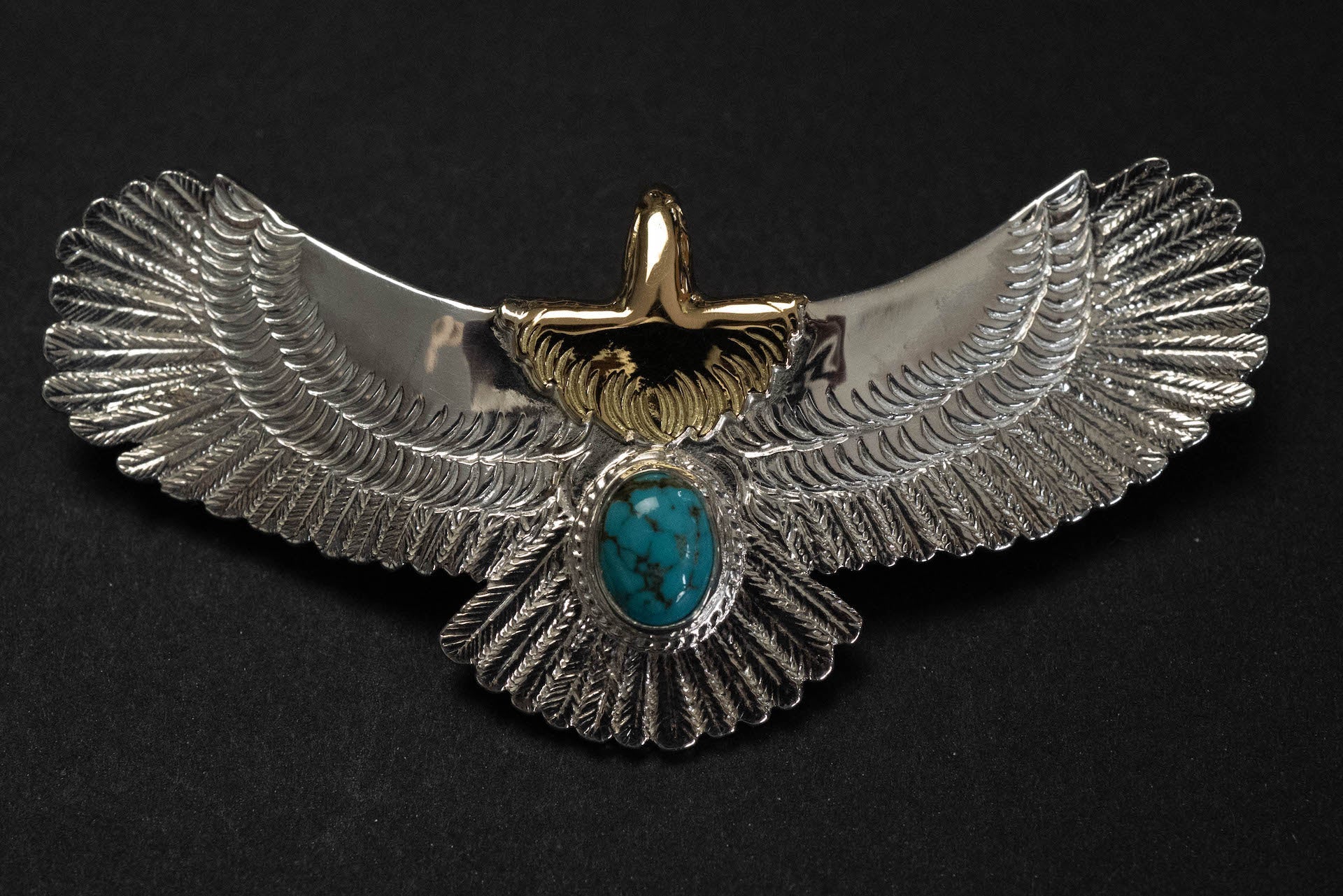 First Arrow's Medium Eagle Pendants with Natural Turquoise & 18K Gold Head & Heart (P-510)