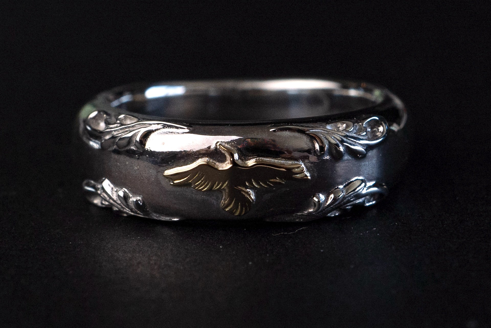 Legend Size Small "Mirror of The Sky" Silver Ring With 18K Gold Flying Eagle (R-78-S)