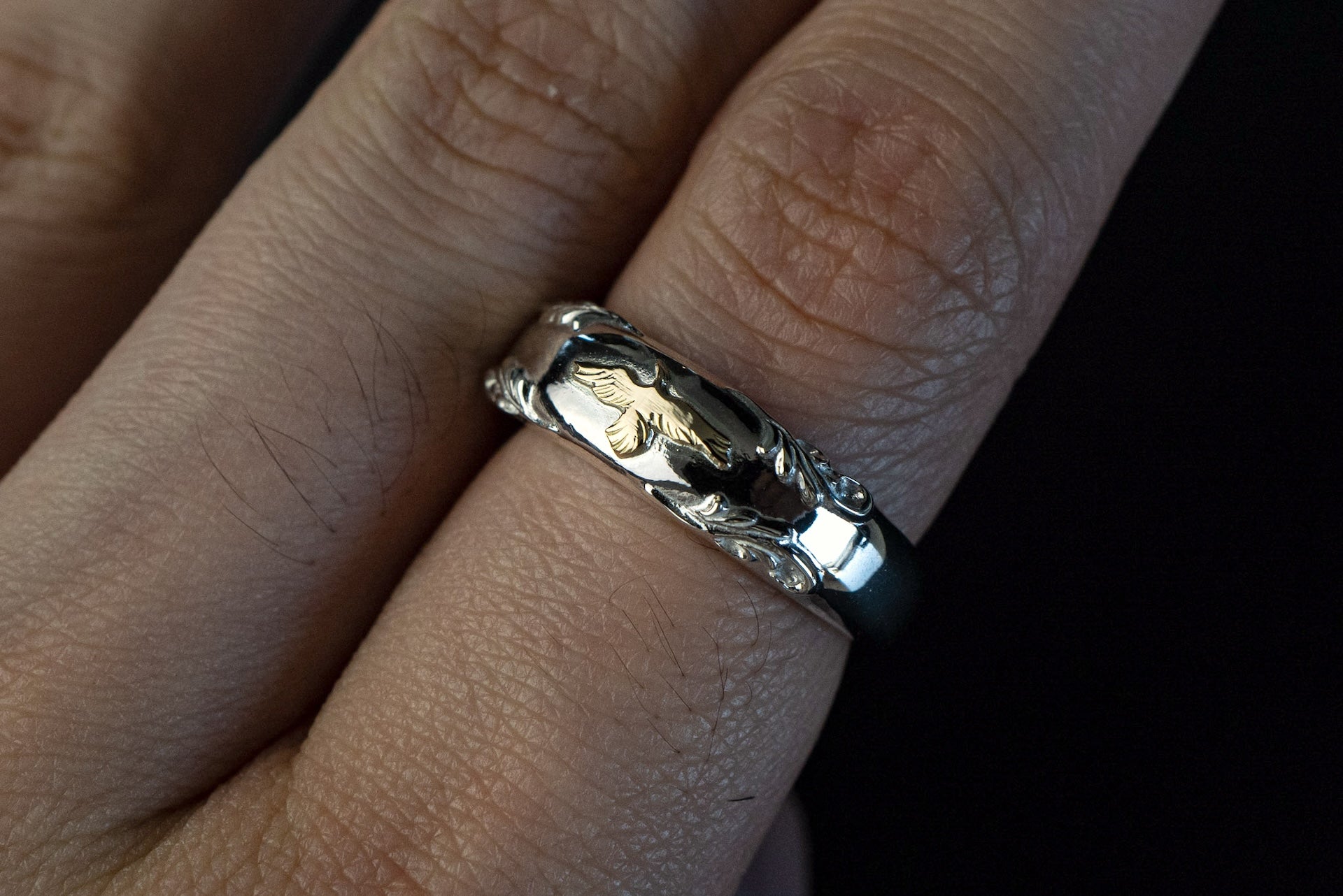 Legend Size Small "Mirror of The Sky" Silver Ring With 18K Gold Flying Eagle (R-78-S)