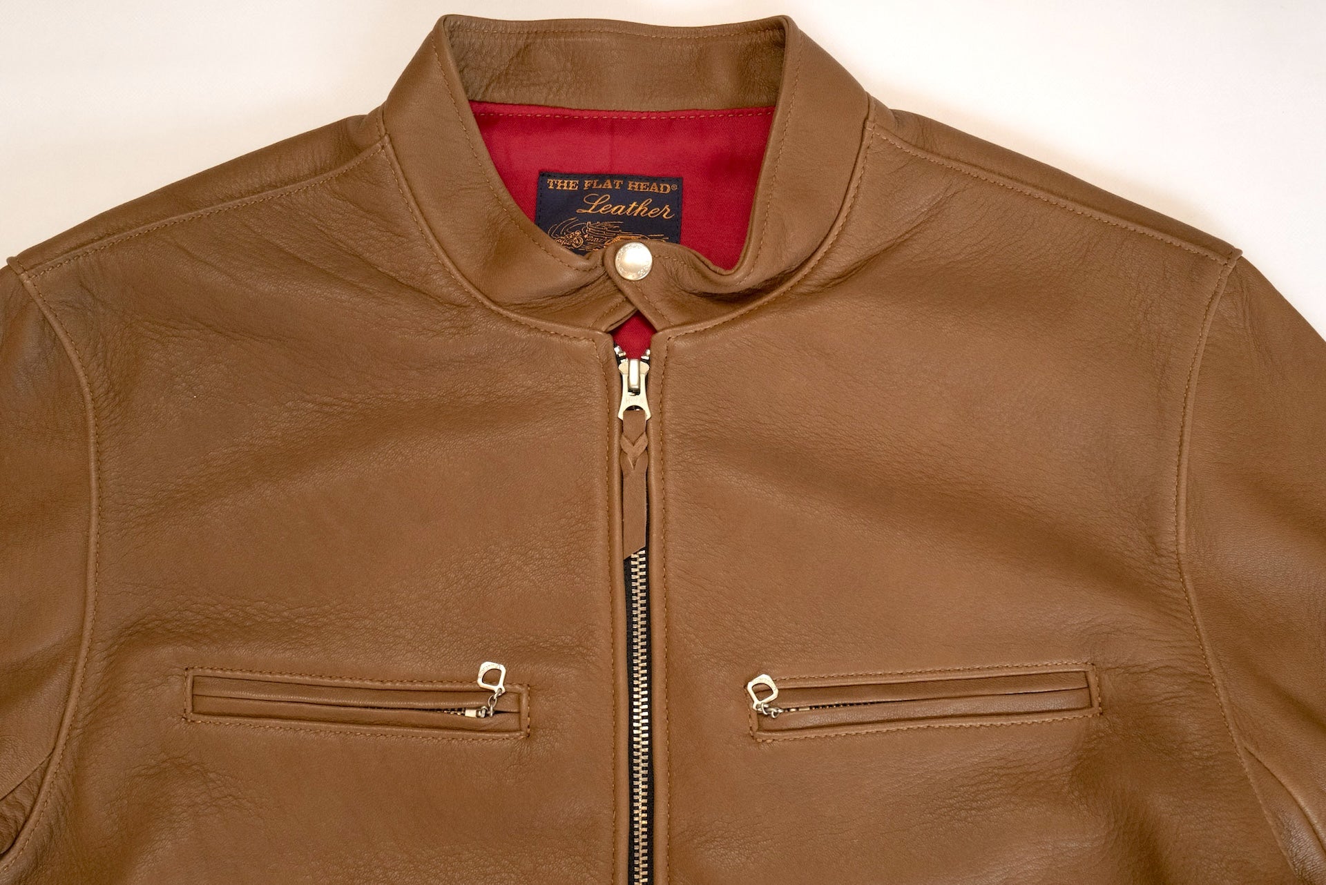The Flat Head X CORLECTION Deerskin Stand Collar Single Riders Jacket (Brown)