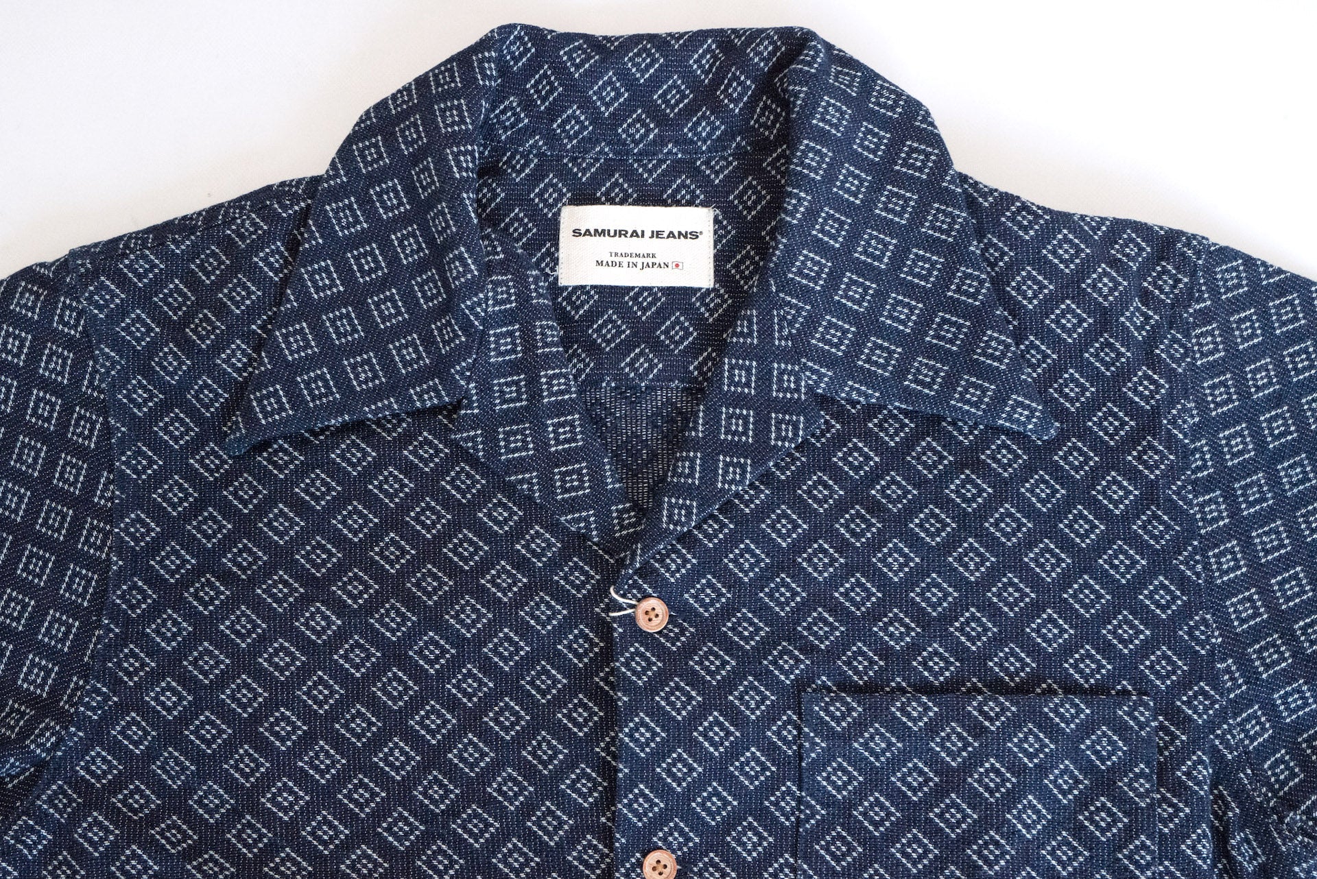 Samurai Indigo Dyed "Diamond" Sashiko Open Collar S/S Shirt