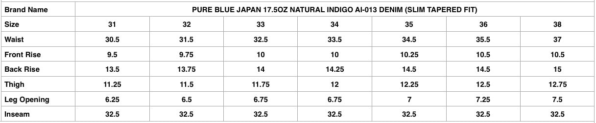 Pure Blue Japan 17.5oz Natural Indigo AI-013 Denim (Slim Tapered Fit)