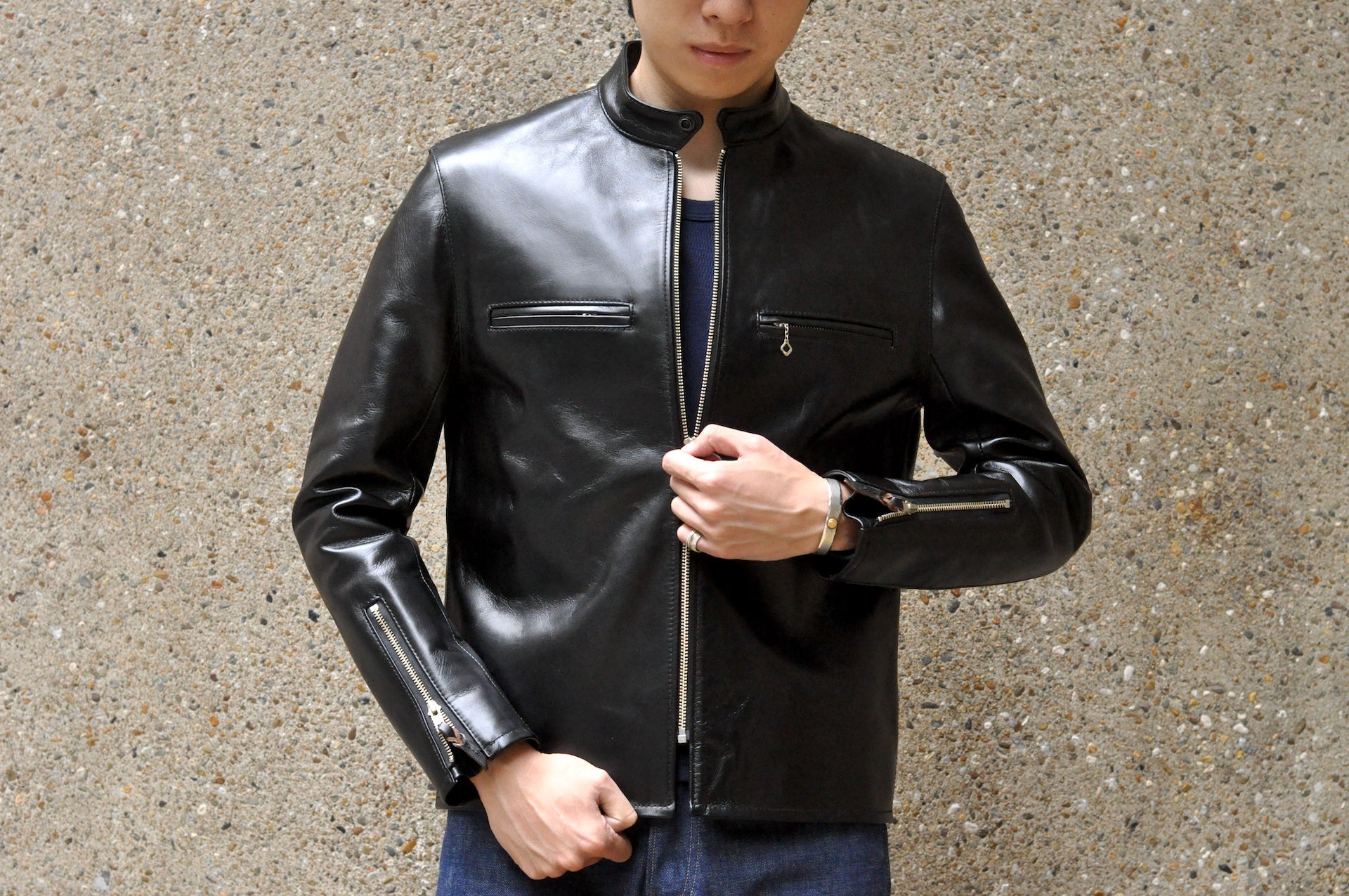 The Flat Head 'Ultimate' Horsehide Stand Collar Single Riders Jacket (Black Tea-Cored)