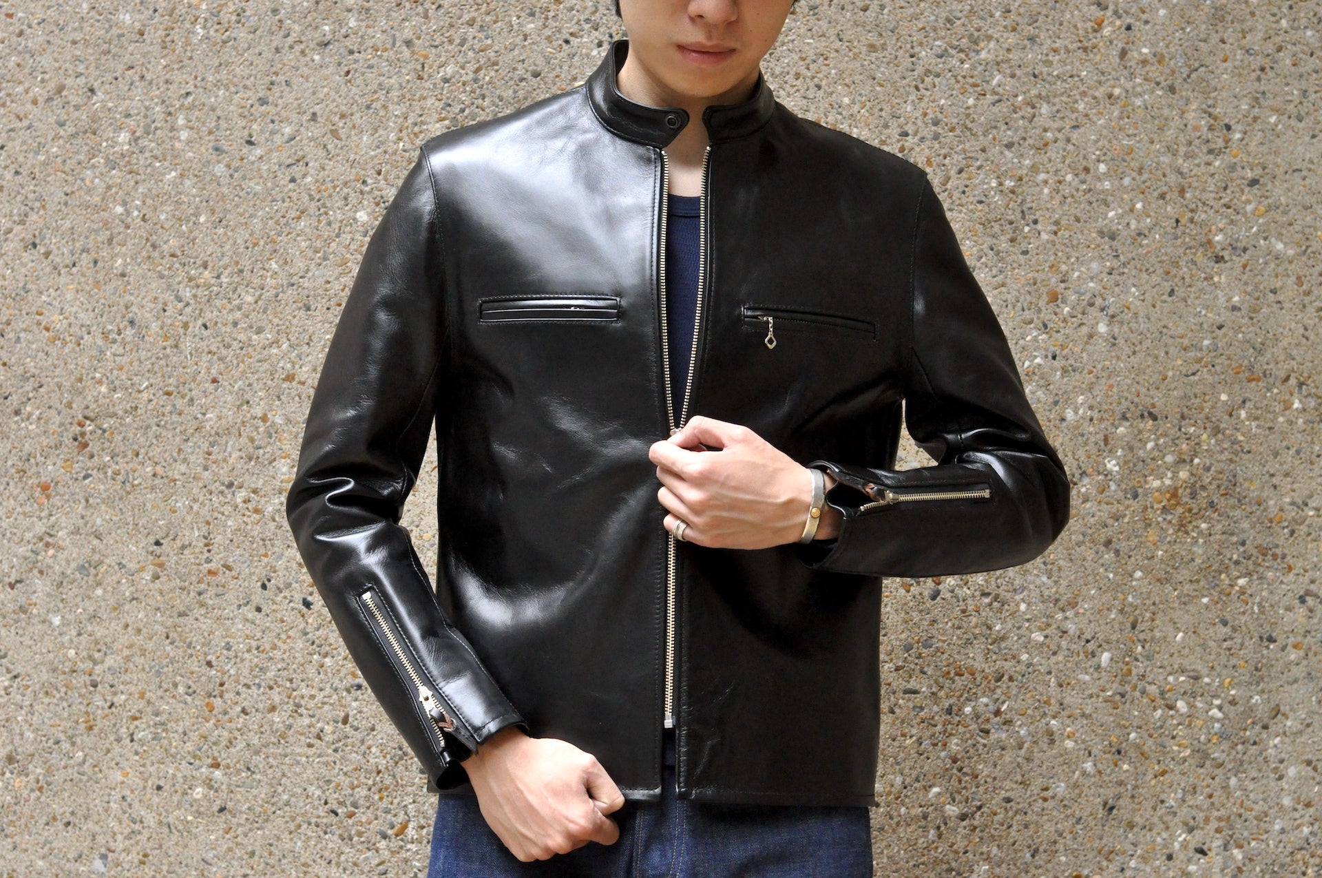 The Flat Head Horsehide Stand Collar Single Riders Jacket (Black Tea-Cored)