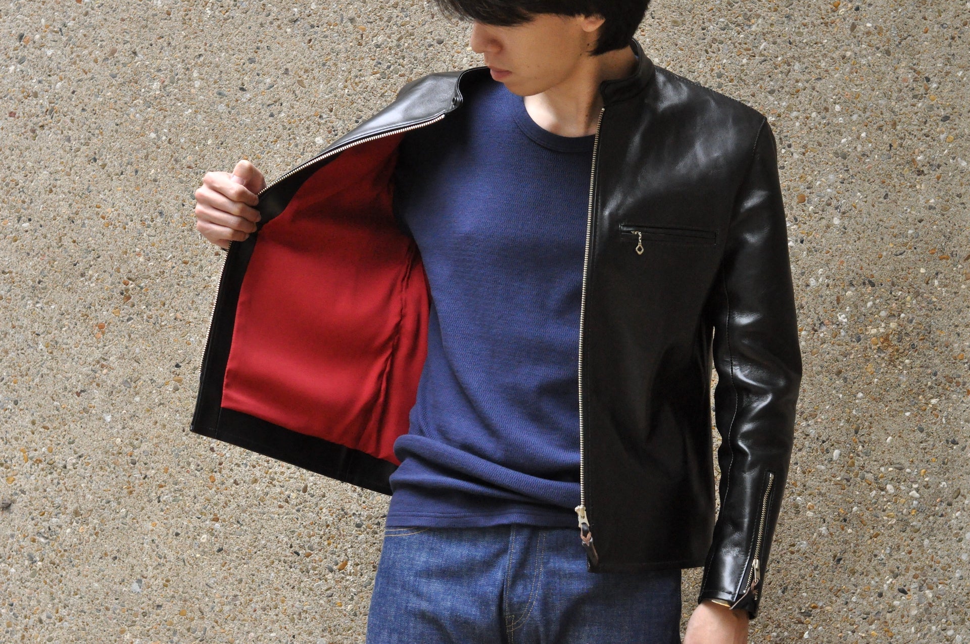 The Flat Head 'Ultimate' Horsehide Stand Collar Single Riders Jacket (Black Tea-Cored)