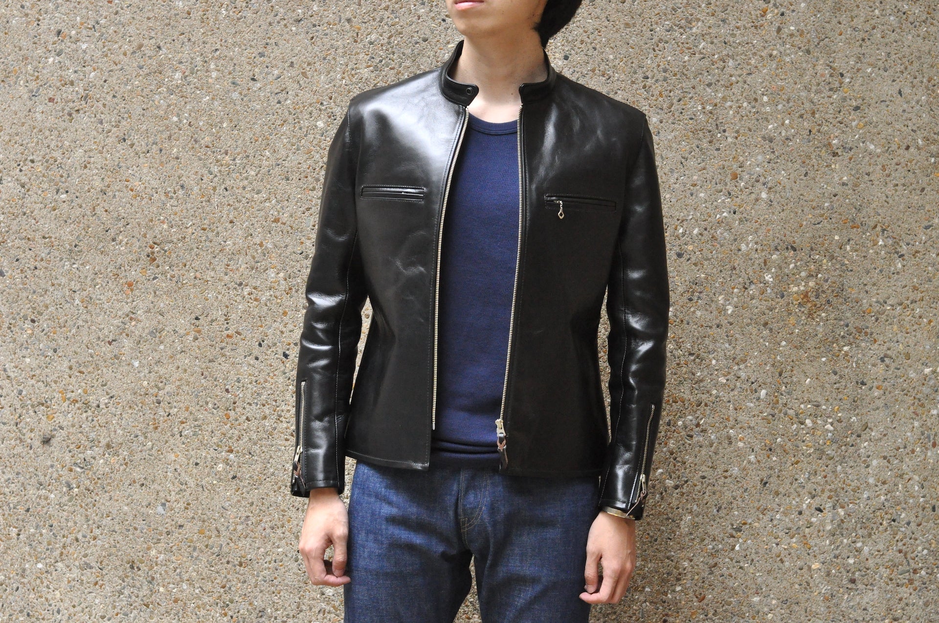 The Flat Head 'Ultimate' Horsehide Stand Collar Single Riders Jacket (Black Tea-Cored)