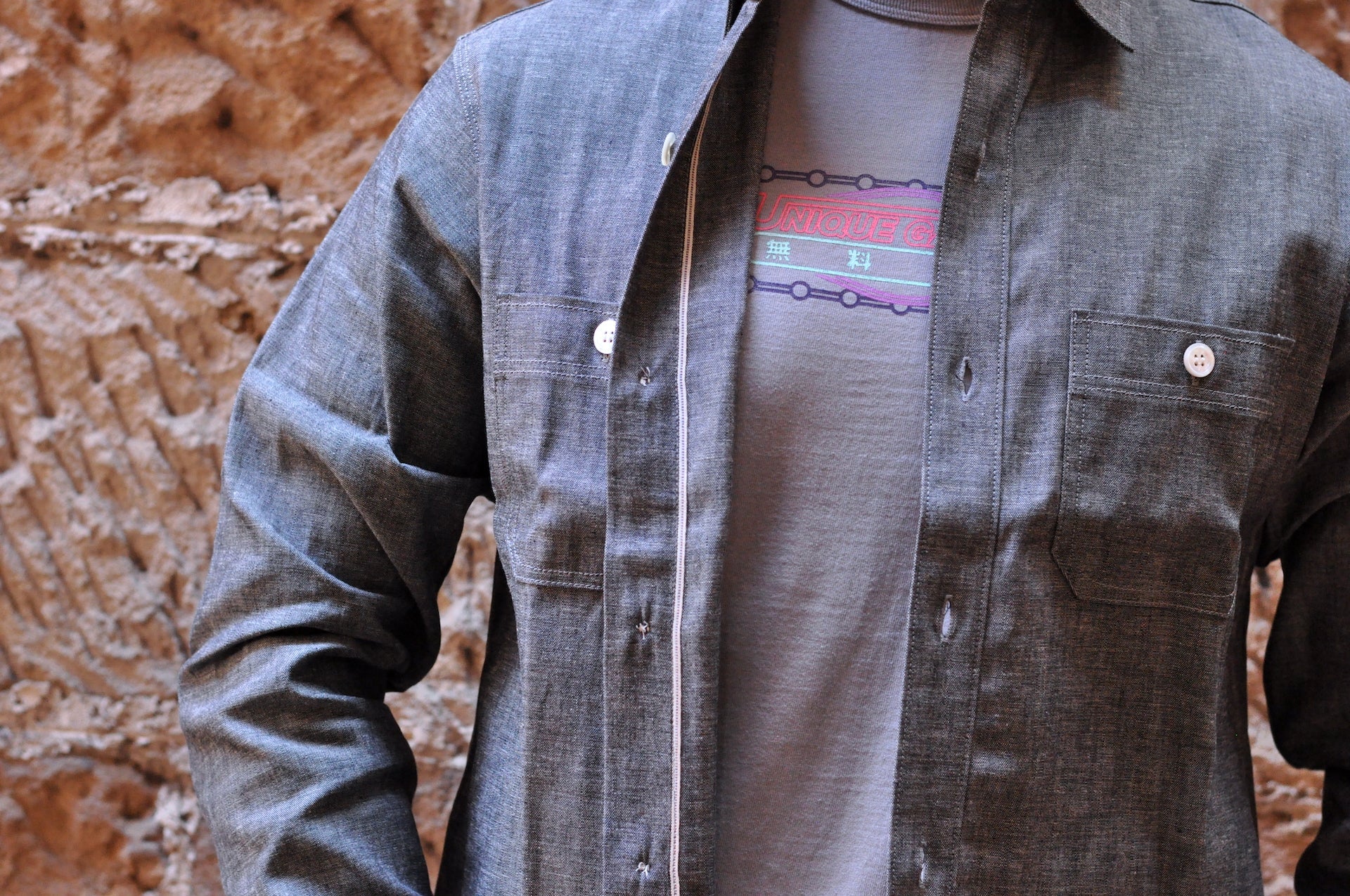 Unique Garment 9oz 'Stanley' Selvage Chambray Work Shirt (Grey)